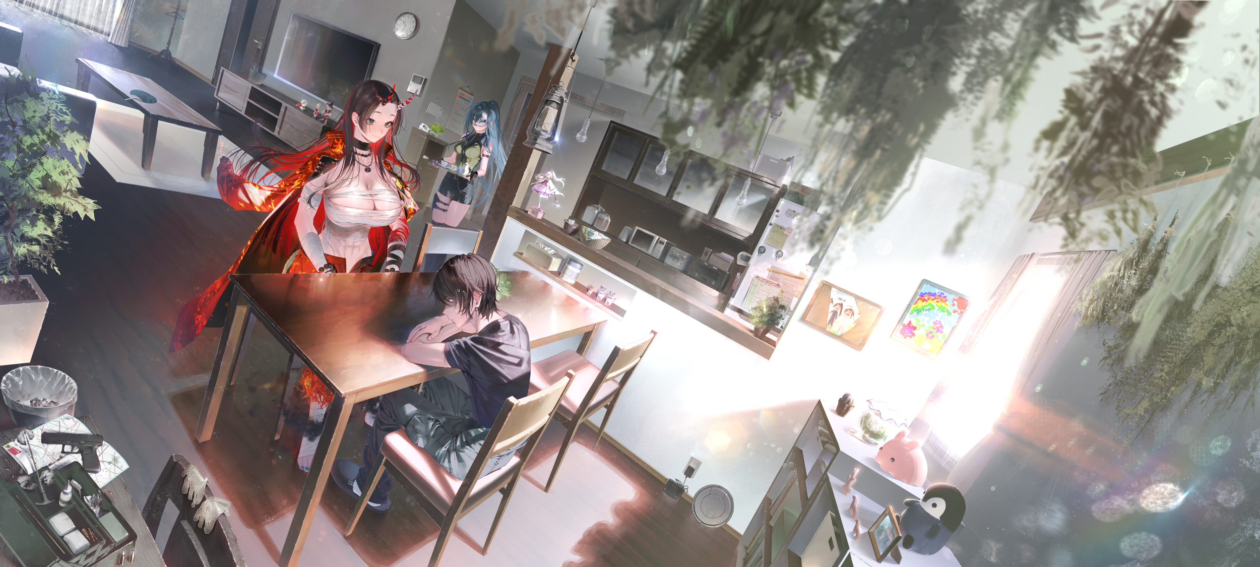 kayahara, original, highres, textless version, 1boy, 2girls, abs, arm rest, bandaged arm, bandaged foot, bandages, bead necklace, beads, black choker, black hair, black shirt, blue hair, breasts, brown hair, budget sarashi, bullet, ceiling light, chair, chest sarashi, choker, closed mouth, coat, coat on shoulders, couch, cover, cover image, cover page, cup, curtains, drawing (object), dutch angle, eye mask, figure, flat screen tv, gloves, green eyes, gun, high heels, holding, holding tray, horns, huge breasts, jewelry, kitchen, leaning forward, light bulb, living room, long hair, looking at another, mask, microwave, multicolored hair, multiple girls, necklace, novel cover, on chair, oni, open clothes, open fly, open pants, over-kneehighs, pants, partially shaded face, pendant, picture frame, red hair, refrigerator, sarashi, scenery, shirt, short hair, short shorts, short sleeves, shorts, sitting, sleeveless, sleeveless shirt, smoke, stomach, strap, table, teacup, teapot, television, thighhighs, toned, toned female, tray, two-tone hair, unworn gloves, very long hair, weapon, window