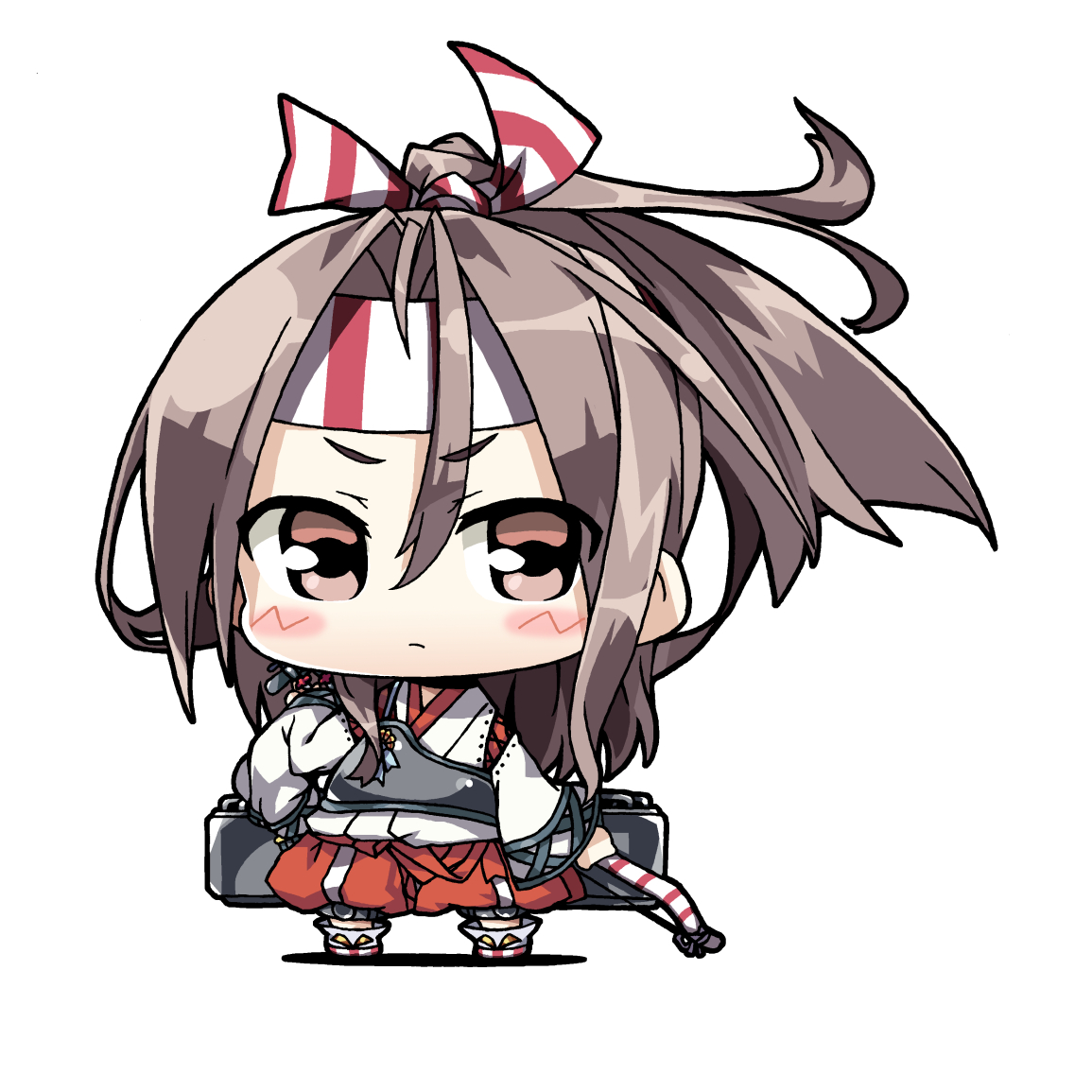 yagumo kengou, zuihou (kancolle), kantai collection, 1girl, bow (weapon), brown eyes, chibi, grey hair, hachimaki, hakama, hakama shorts, headband, high ponytail, japanese clothes, long hair, muneate, ponytail, red shorts, shorts, simple background, solo, standing, striped headband, weapon, white background