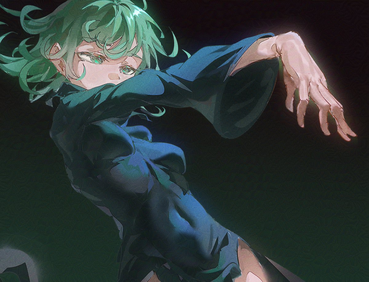 stegart, tatsumaki, one-punch man, adversarial noise, commentary, english commentary, 1girl, black dress, breasts, covered mouth, covered navel, dress, flipped hair, gradient background, green eyes, green hair, long sleeves, looking ahead, medium breasts, outstretched arm, short hair, solo, taut clothes, taut dress, upper body, wide sleeves