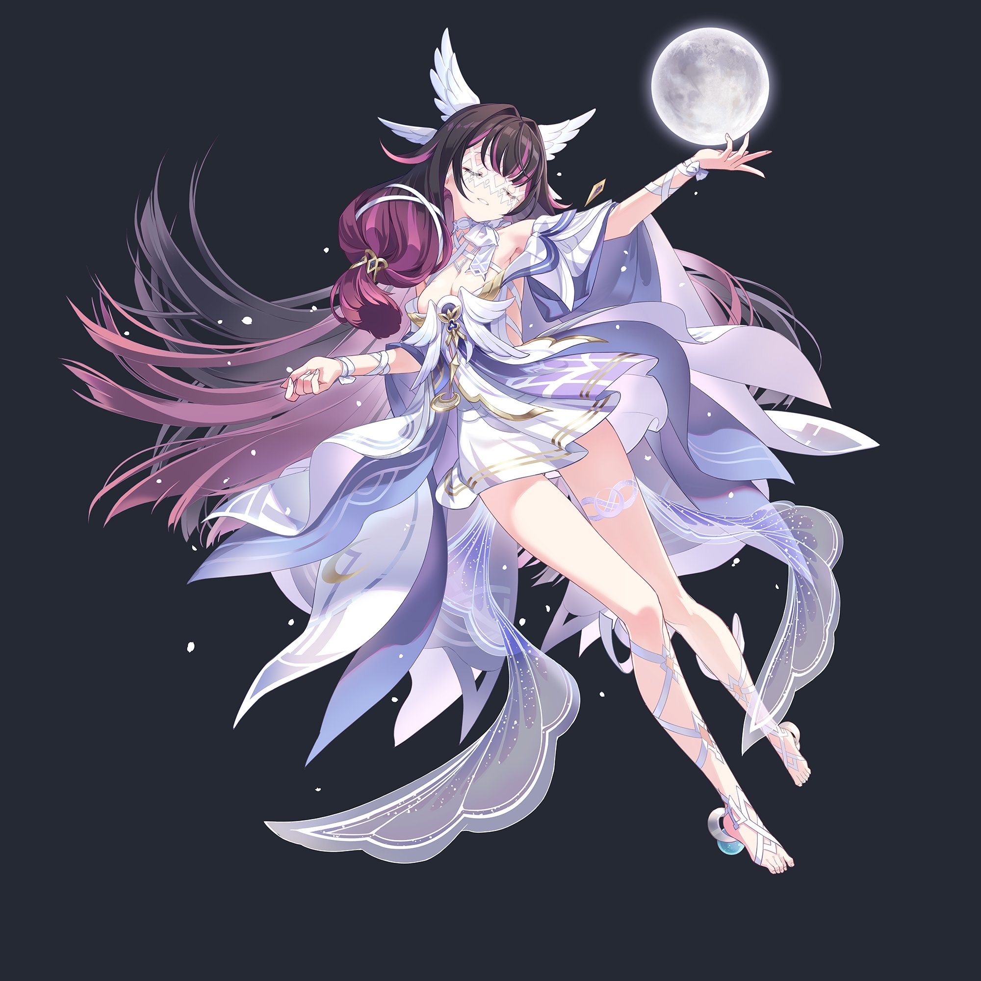 h2so4, columbina (genshin impact), genshin impact, commentary, hashtag-only commentary, highres, 1girl, bare shoulders, black hair, breasts, cleavage, closed eyes, dress, fingernails, full body, grey background, hair ornament, long hair, medium breasts, moon, multicolored hair, outstretched arm, parted lips, purple hair, solo, toenails, very long hair, white dress, wing hair ornament