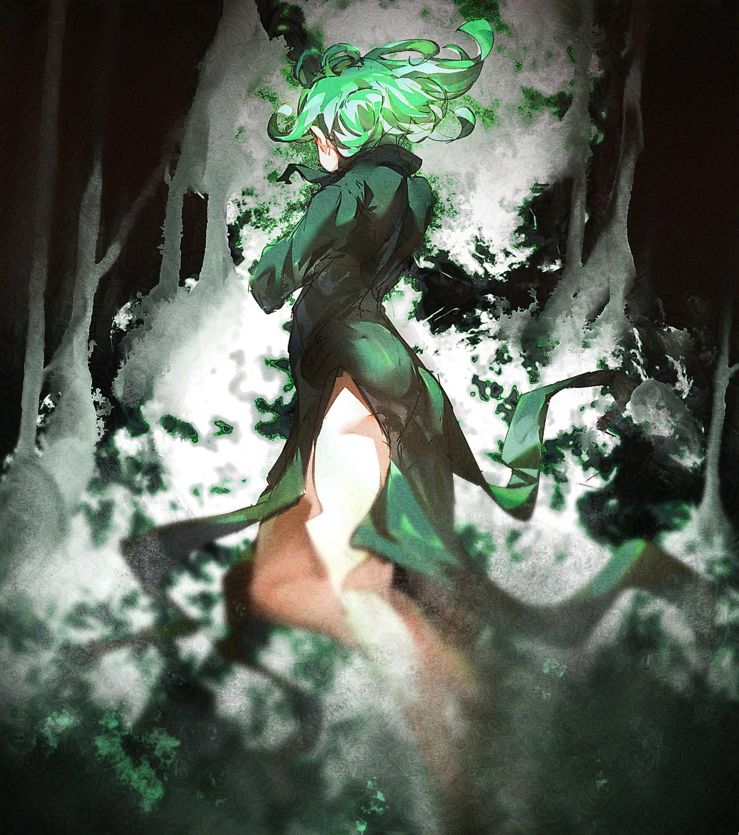 stegart, tatsumaki, one-punch man, adversarial noise, commentary, derivative work, english commentary, highres, screenshot redraw, 1girl, ass, collared dress, dress, flipped hair, floating, floating hair, from side, green dress, green eyes, green hair, short hair, side slit, solo