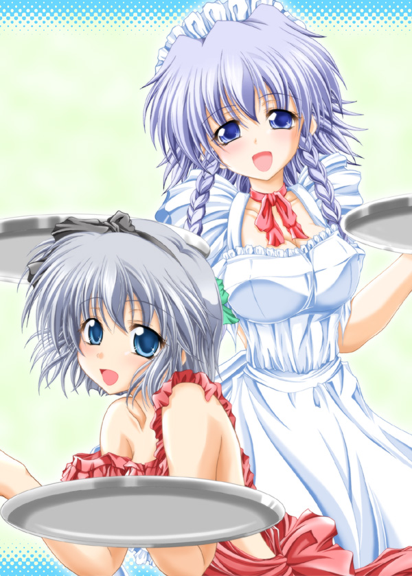 fujitsu akira, izayoi sakuya, konpaku youmu, touhou, silver hair, 2girls, apron, blue eyes, braid, female focus, maid, maid apron, multiple girls, naked apron
