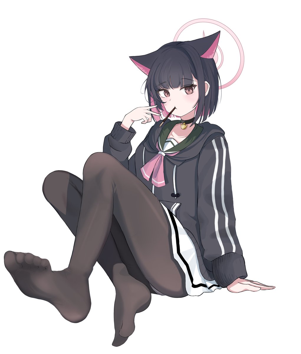 kazusa (blue archive), blue archive, commentary request, highres, 1girl, animal ears, arm at side, black choker, black hair, black hoodie, blush, brown eyes, brown pantyhose, cat ears, choker, colored inner hair, drawstring, food, food in mouth, full body, green sailor collar, halo, hand up, hood, hood down, hoodie, knees up, leg up, long sleeves, looking at viewer, miniskirt, mouth hold, multicolored hair, neckerchief, no shoes, panties, panties under pantyhose, pantyhose, pendant choker, pink hair, pink halo, pink neckerchief, pocky, pocky in mouth, raised eyebrows, sailor collar, school uniform, serafuku, simple background, single horizontal stripe, sitting, skirt, solo, striped clothes, striped hoodie, striped skirt, tjhyn 06, two-tone hair, underwear, white background, white panties, white skirt