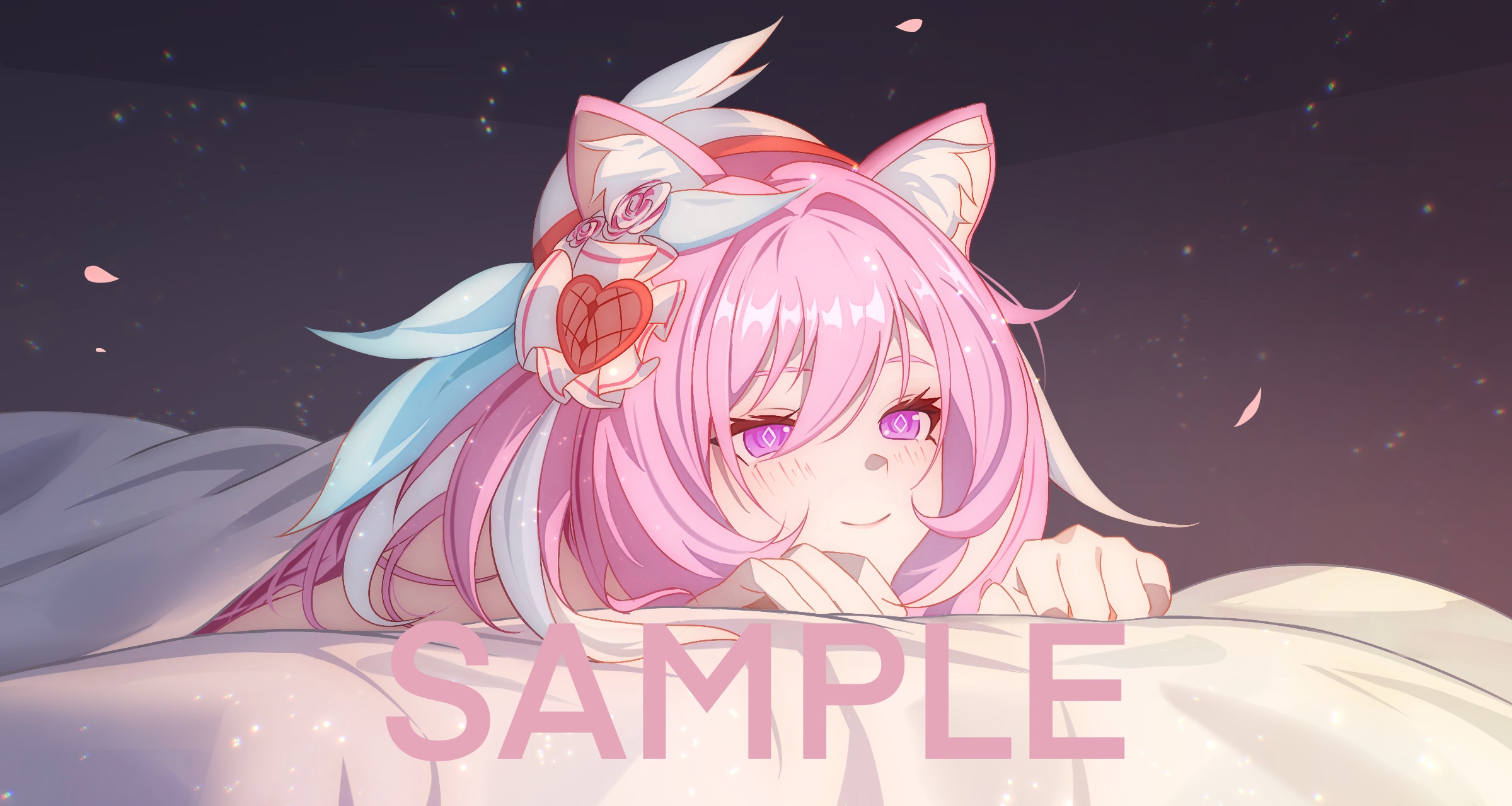 euzh266, elysia (hi love elf) (honkai impact), elysia (honkai impact), honkai (series), honkai impact 3rd, chinese commentary, commentary request, highres, 1girl, animal ear fluff, animal ears, beret, cat ears, diamond-shaped pupils, diamond (shape), falling petals, hat, long hair, multicolored hair, petals, pink hair, purple eyes, sample watermark, smile, solo, symbol-shaped pupils, two-tone hair, under covers, very long hair, watermark, white hair