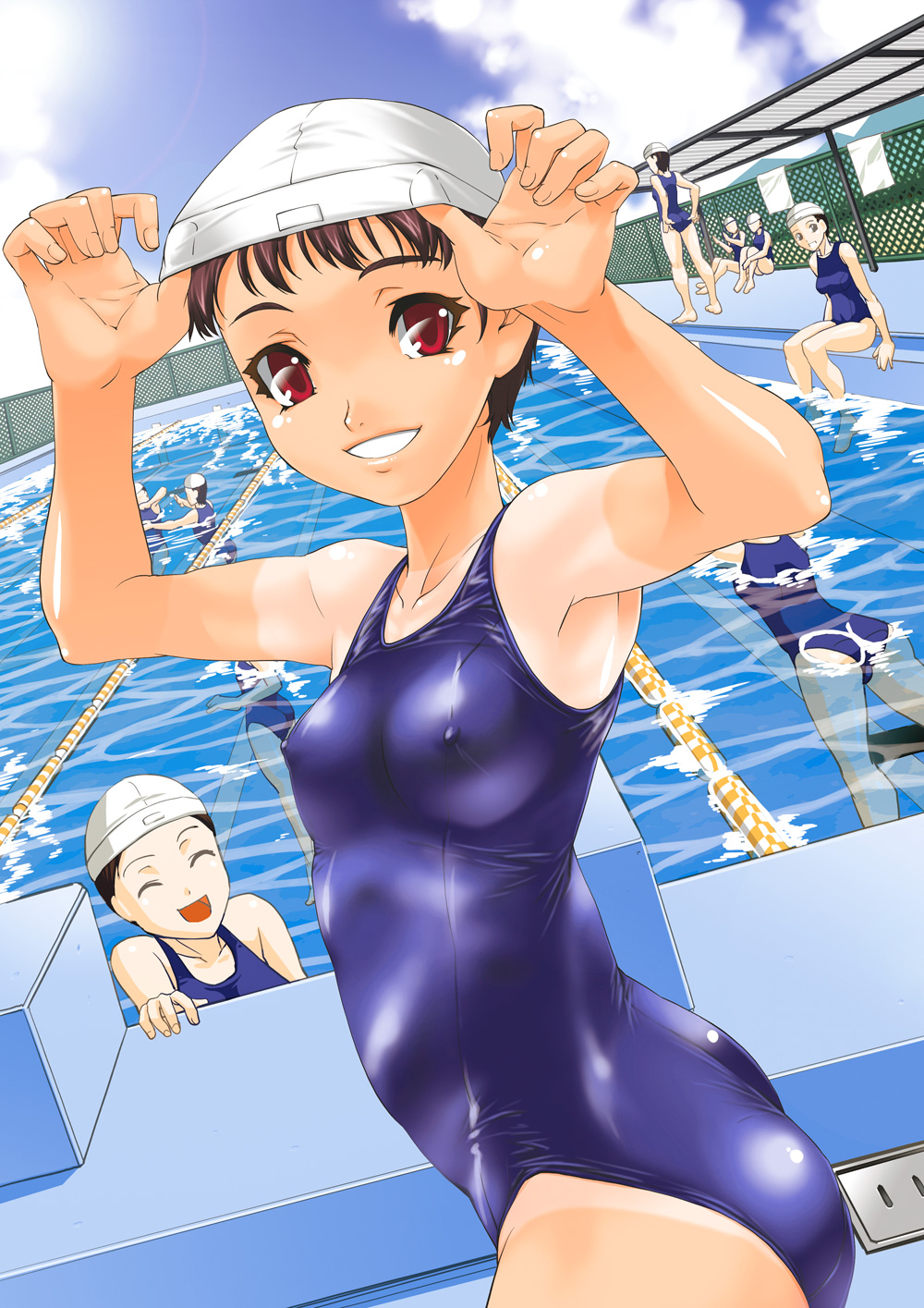 shinama, original, highres, 6+girls, :d, adjusting clothes, breasts, brown eyes, brown hair, chain-link fence, closed eyes, cloud, competition swimsuit, covered erect nipples, day, dutch angle, fence, lane line, looking at viewer, multiple girls, one-piece swimsuit, one-piece tan, open mouth, pool, poolside, school swimsuit, short hair, small breasts, smile, swim cap, swimsuit, tan, tanline