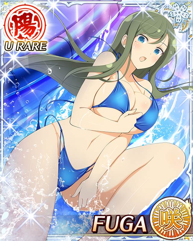 fuga (senran kagura), senran kagura, senran kagura new wave, game cg, official art, 1girl, :o, bikini, blue bikini, blue eyes, border, breasts, card (medium), character name, cleavage, english text, green hair, knee up, large breasts, long hair, looking at viewer, mole, mole under eye, navel, official alternate costume, slide, sliding, solo, surprised, swept bangs, swimsuit, undone bikini, water, water slide