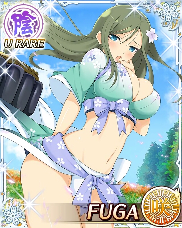 fuga (senran kagura), yozakura (senran kagura), senran kagura, senran kagura new wave, game cg, official art, 1girl, :o, arm up, armor, blue eyes, border, breasts, card (medium), character name, cleavage, cosplay, english text, floral print, floral print kimono, flower hairtie, green hair, green kimono, japanese armor, japanese clothes, kimono, kiss, large breasts, leaf, leaning forward, long hair, looking at viewer, low neckline, midriff, mole, mole under eye, official alternate costume, outdoors, panties, pantyshot, power fist, print kimono, pulling another's clothes, pushing down, solo, surprise kiss, surprised, swept bangs, underwear, white panties, yozakura (senran kagura) (cosplay)