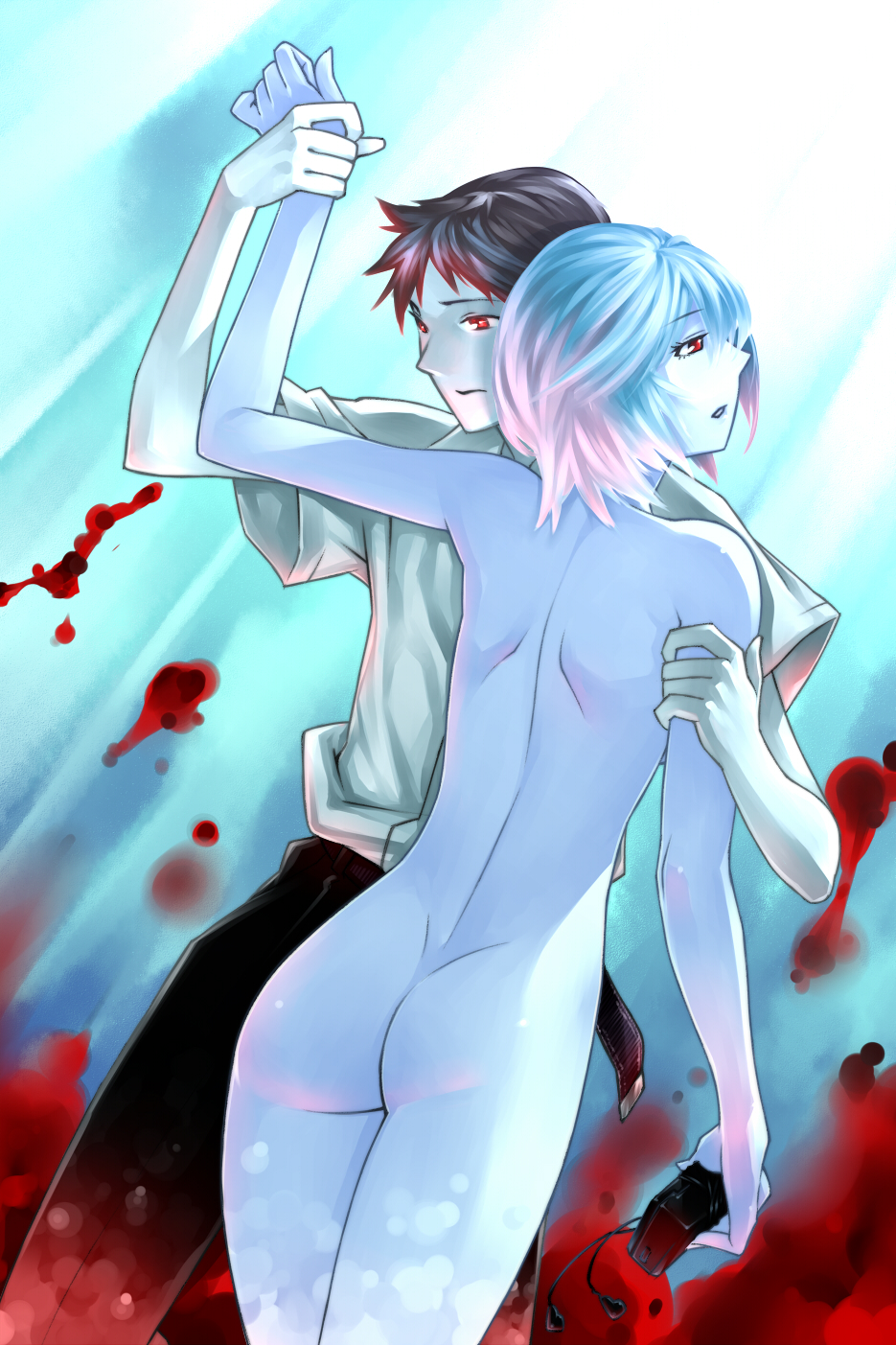 23 (real xxiii), ayanami rei, ikari shinji, neon genesis evangelion, walkman, arm grab, highres, 1boy, 1girl, ass, back, black hair, blood, blue hair, blue skin, colored skin, from behind, holding another's wrist, lcl, narrow waist, nude, pale skin, red eyes, short hair