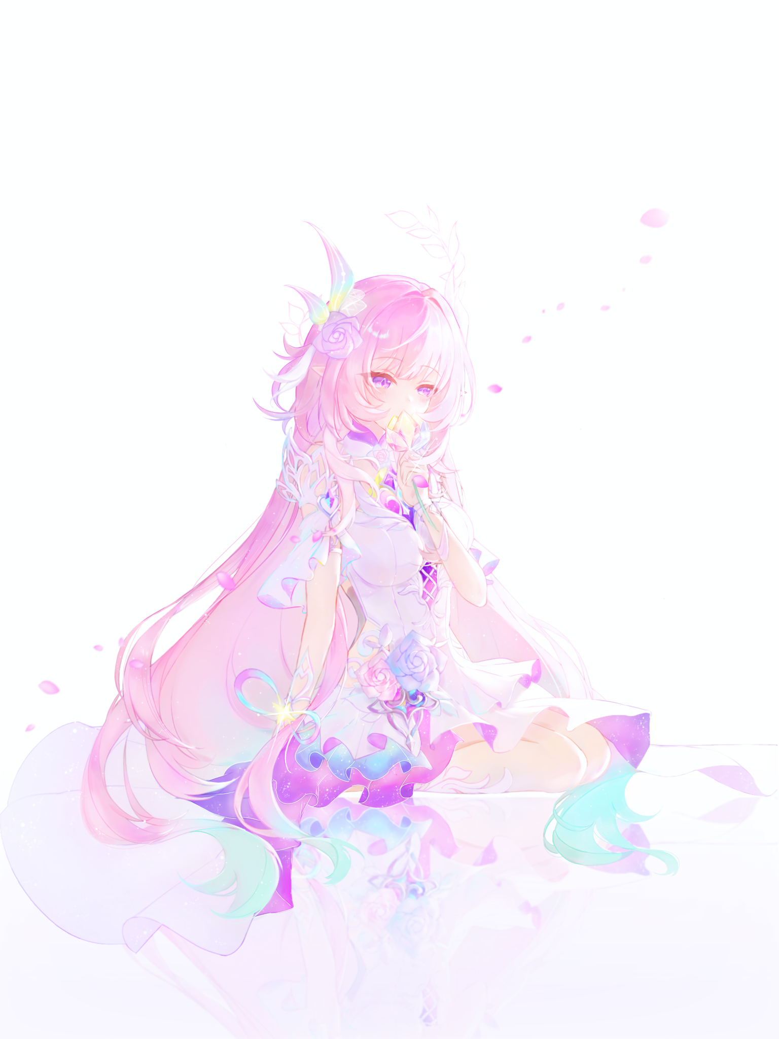 cyrene (honkai: star rail), cyrene (ripples of past reverie) (honkai: star rail), honkai: star rail, honkai (series), commentary, highres, 1girl, aqua hair, bare shoulders, breasts, diamond-shaped pupils, diamond (shape), dress, flower, gradient hair, hair flower, hair ornament, holding, holding flower, large breasts, long hair, multicolored hair, pink hair, purple eyes, seiza, simple background, sitting, smile, solo, symbol-shaped pupils, tansanlemon100, very long hair, white background, white dress, white hair