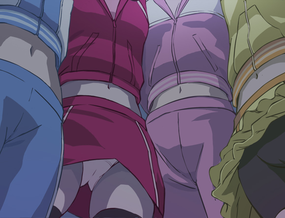 haruyama kazunori, aono miki, higashi setsuna, momozono love, yamabuki inori, fresh precure!, precure, 00s, 4girls, bike shorts, from below, midriff, multiple girls, panties, pantyshot, pov, thighhighs, track suit, underwear, upskirt, zettai ryouiki