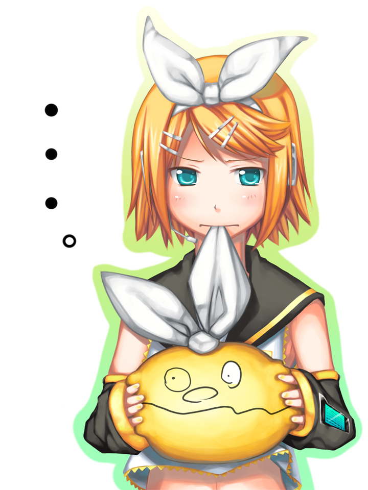 ikujitto, kagamine rin, shimonkin, vocaloid, 1girl, blonde hair, blush, closed mouth, creature, detached sleeves, expressionless, female focus, hair ribbon, hairband, headset, holding, long sleeves, looking at viewer, mouth hold, nail polish, navel, ribbon, sailor collar, shirt, short hair, simple background, sleeveless, sleeveless shirt, solo, swept bangs, upper body, white background, white hairband, white ribbon, yellow nails