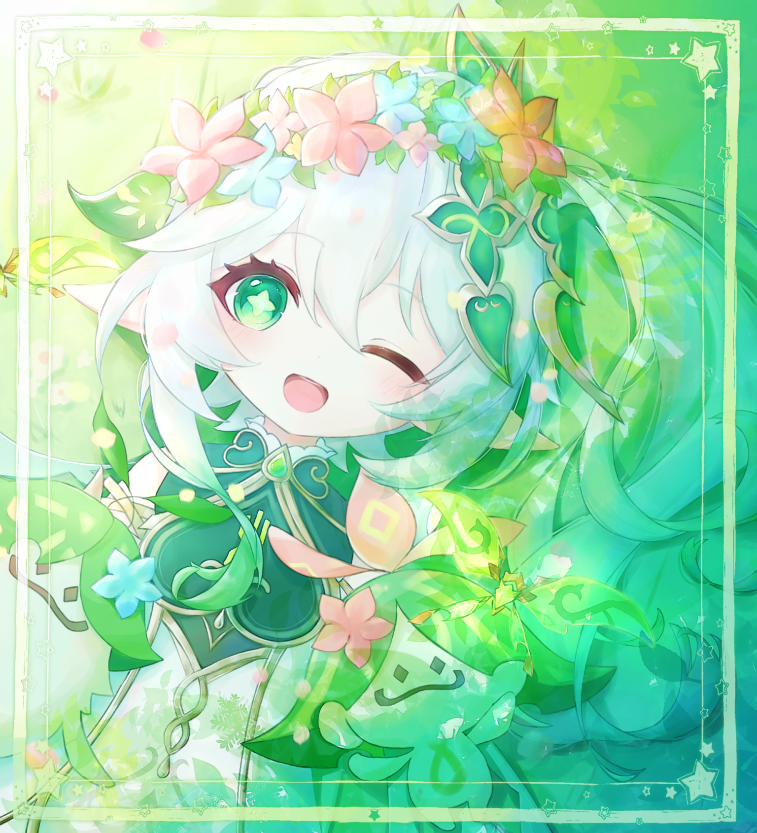 aranara (genshin impact), crystalfly (genshin impact), nahida (genshin impact), genshin impact, commentary, highres, 1girl, blue flower, blush, dress, flower, flower wreath, gold trim, gradient hair, green eyes, green hair, hair between eyes, hair ornament, head wreath, leaf hair ornament, long hair, looking at viewer, lying, multicolored hair, on back, on grass, one eye closed, open mouth, pointy ears, red flower, side ponytail, solo, star-shaped pupils, star (symbol), symbol-shaped pupils, tansanlemon100, white dress, white hair
