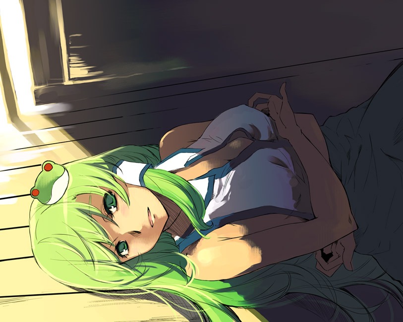 yuu (kfc), kochiya sanae, touhou, 1girl, breasts, female focus, green hair, hair ornament, indoors, lying, on back, solo