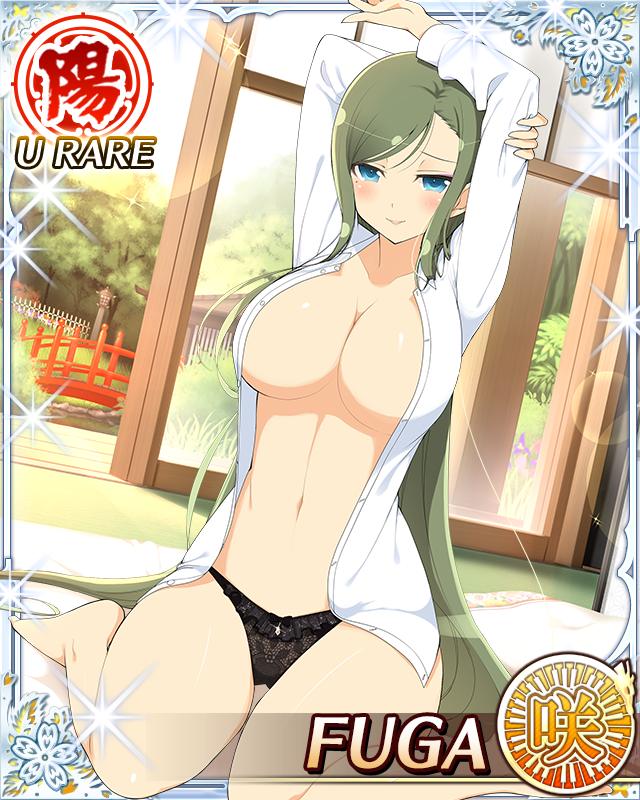 fuga (senran kagura), senran kagura, senran kagura new wave, game cg, official art, 1girl, architecture, arms up, black panties, blue eyes, border, breasts, bridge, card (medium), character name, cleavage, closed mouth, day, east asian architecture, english text, green hair, holding own arm, indoors, large breasts, long hair, long sleeves, looking at viewer, mole, mole under eye, navel, no bra, official alternate costume, open clothes, open shirt, panties, shirt, shouji, sitting, sliding doors, smile, solo, swept bangs, tatami, underwear, wariza, white shirt