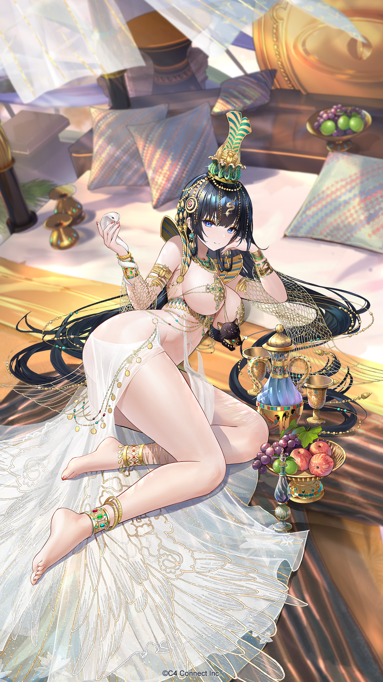 houchi shoujo, character request, highres, official art, > <, 1girl, ancient egyptian clothes, animal, anklet, apple, armlet, barefoot, black cat, black hair, blue eyes, bracelet, breasts, cat, closed mouth, crown, cup, earrings, egyptian art, food, fruit, full body, grapes, hair ornament, jewelry, large breasts, leaf, leaning on self, looking at viewer, lying, midriff, nail polish, on bed, on side, pale skin, pillow, red nails, scarab, sideboob, smile, snake, split mouth, swimsuit, toenail polish, toenails, underboob, white snake