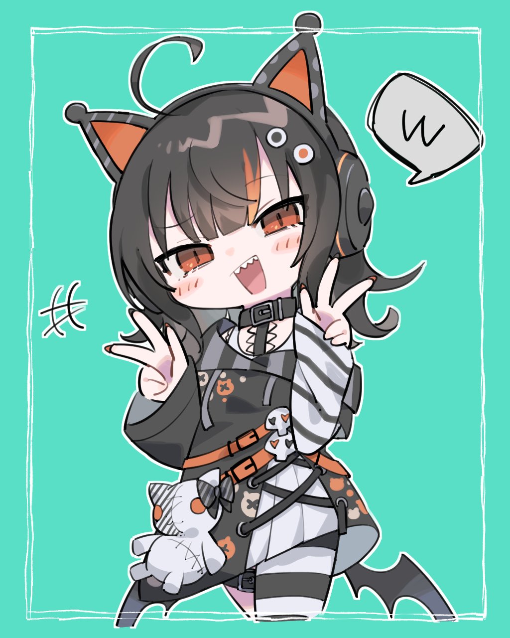 sasa kichi, sawatari coco, mahou shoujo no majo saiban, commentary, highres, symbol-only commentary, 1girl, :d, ahoge, animal ear headphones, animal ears, belt, black hair, black sweater, blunt bangs, cat ear headphones, cat ears, chibi, chibi only, cowboy shot, cropped legs, double w, fake animal ears, hands up, headphones, long hair, long sleeves, looking at viewer, multicolored hair, open mouth, orange eyes, outline, sharp teeth, skull, slit pupils, smile, solo, speech bubble, standing, streaked hair, stuffed animal, stuffed cat, stuffed toy, sweater, teeth, w, white outline