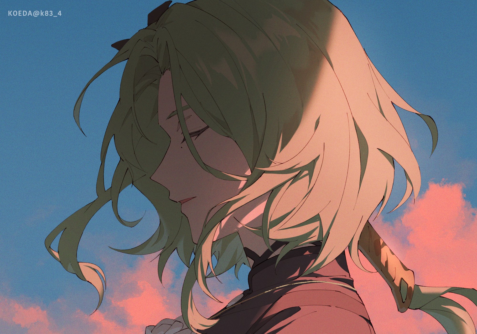 koeda (k83 4), isolde (zenless zone zero), zenless zone zero, commentary request, highres, 1girl, artist name, black dress, boutonniere, closed eyes, cloud, dress, evening, flower, green hair, long hair, mole, mole under eye, open mouth, outdoors, portrait, shadow, solo, turtleneck, turtleneck dress, twitter username, white flower