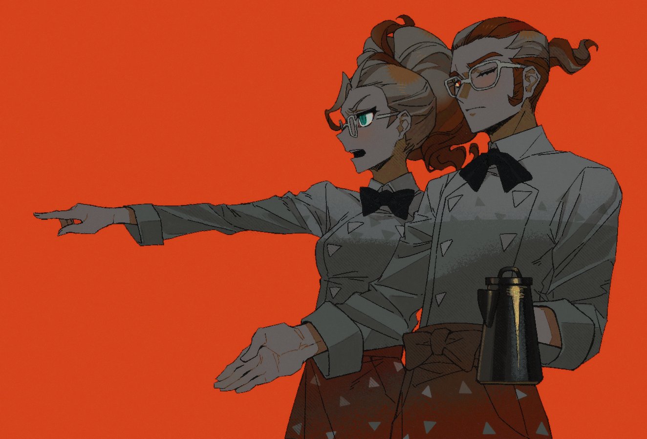 kurokawashinrin, griselle (pokemon), grisham (pokemon), nintendo, pokemon, pokemon legends: z-a, 1boy, 1girl, apron, aqua eyes, black bow, black bowtie, blonde hair, bow, bowtie, buttons, cowlick, double-breasted, furrowed brow, glasses, gradient hair, hair pulled back, holding coffee pot, multicolored hair, one eye closed, open mouth, orange apron, orange background, orange hair, patterned clothing, pointing, pointing forward, ponytail, print apron, red eyes, shirt, short ponytail, two-tone hair, upper body, waist apron, wavy hair, white-framed eyewear, white shirt