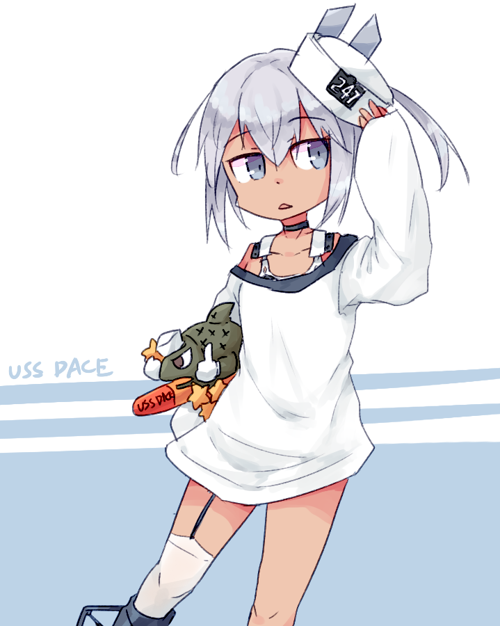dace (kancolle), kantai collection, commentary, english commentary, 1girl, character name, dixie cup hat, feet out of frame, fish, garter straps, grey eyes, grey hair, hat, military hat, shirt, side ponytail, single garter strap, single thighhigh, sleeves past wrists, solo, stuffed animal, stuffed fish, stuffed toy, suikun, swimsuit, swimsuit under clothes, tan, thighhighs, torpedo, white hat, white shirt, white thighhighs