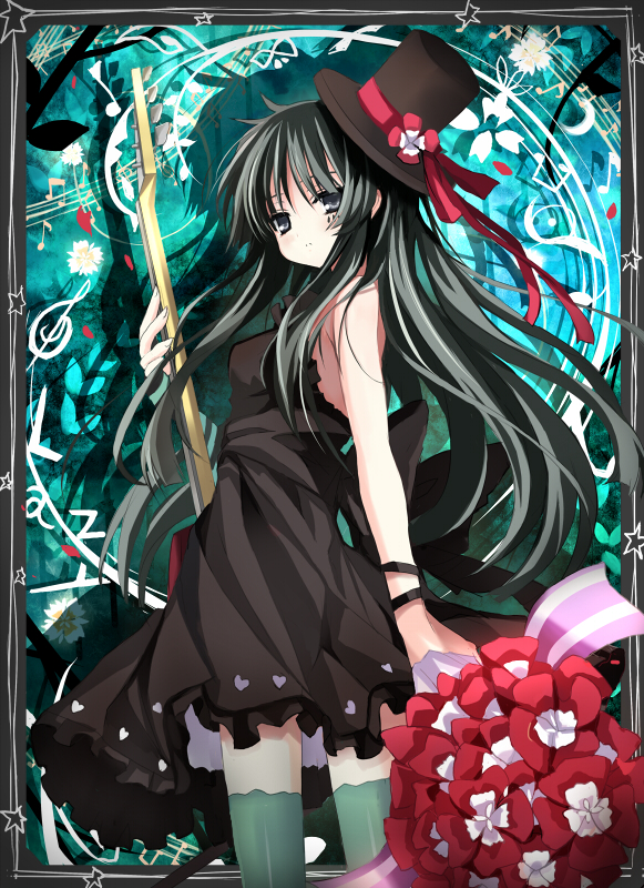 shino (eefy), akiyama mio, don't say "lazy", k-on!, bad id, bad pixiv id, 00s, 1girl, black hair, dress, female focus, flower, hat, long hair, looking back, mini hat, mini top hat, musical note, solo, thighhighs, top hat