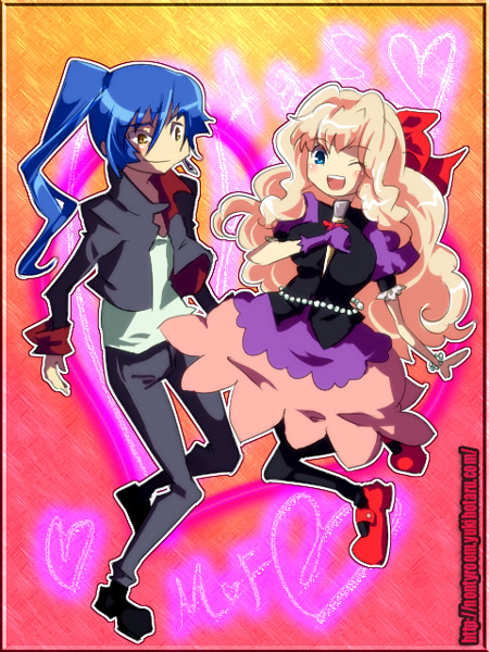 hanon (nonty), namion, sheryl nome, macross, macross frontier, 00s, 1boy, 1girl, blonde hair, blue eyes, blue hair, bow, chibi, couple, hetero, microphone, pantyhose, yellow eyes