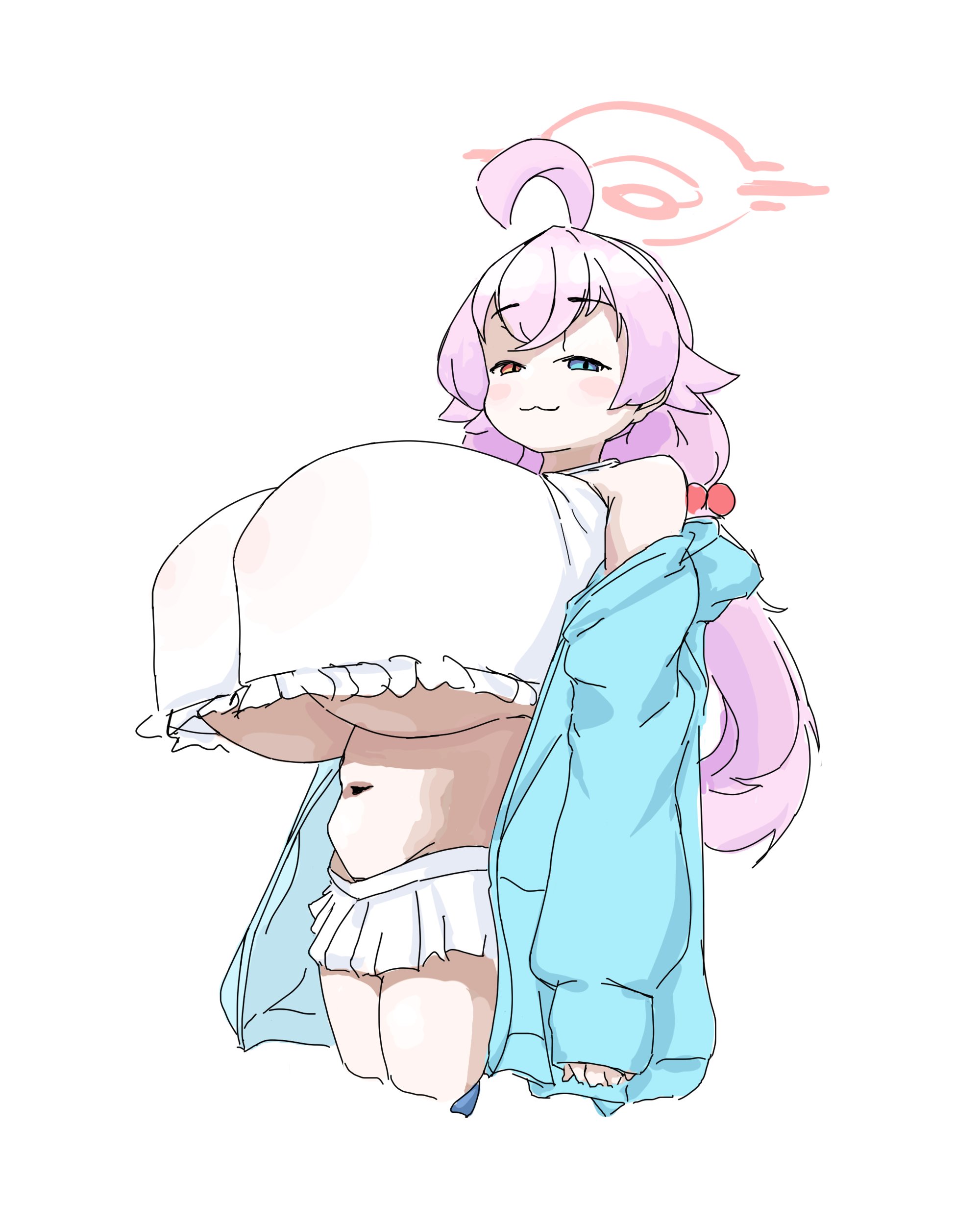 gentlyfluid, hoshino (blue archive), hoshino (swimsuit) (blue archive), blue archive, 1girl, :3, ahoge, alternate breast size (larger), bare shoulders, bikini, blue eyes, blue jacket, blush stickers, breasts, covered erect nipples, frilled bikini, frills, hair between eyes, hair bobbles, hair ornament, halo, heterochromia, hood, hood down, hooded jacket, huge ahoge, huge breasts, jacket, long hair, navel, off-shoulder jacket, off shoulder, open clothes, open jacket, orange eyes, pink hair, pink halo, raised eyebrows, sleeves past wrists, smile, solo, swimsuit, thighs, twintails, underboob, white background, white bikini