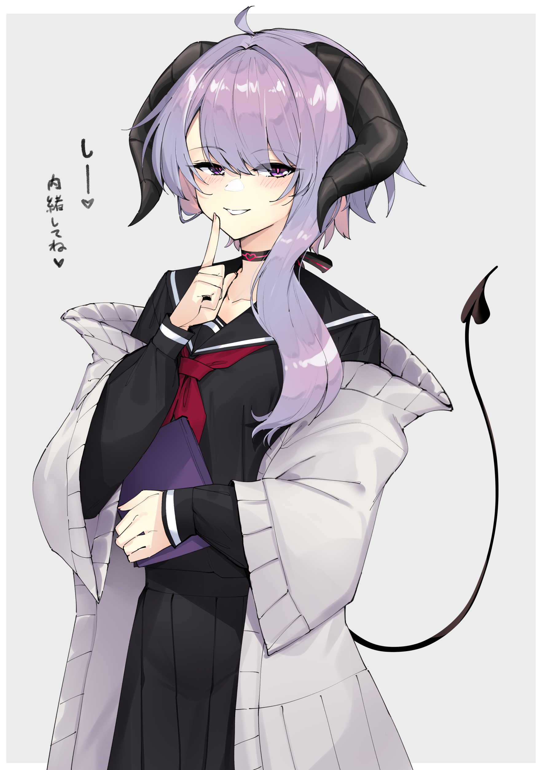 zooanime, yuzuki yukari, yuzuki yukari (rei), cevio, voiceroid, absurdres, commentary, highres, 1girl, alternate costume, black serafuku, book, cardigan, choker, cowboy shot, demon horns, demon tail, finger to mouth, grin, hand up, holding, holding book, horns, long sleeves, open cardigan, open clothes, purple eyes, purple hair, school uniform, serafuku, short hair with long locks, smile, solo, tail, wide sleeves