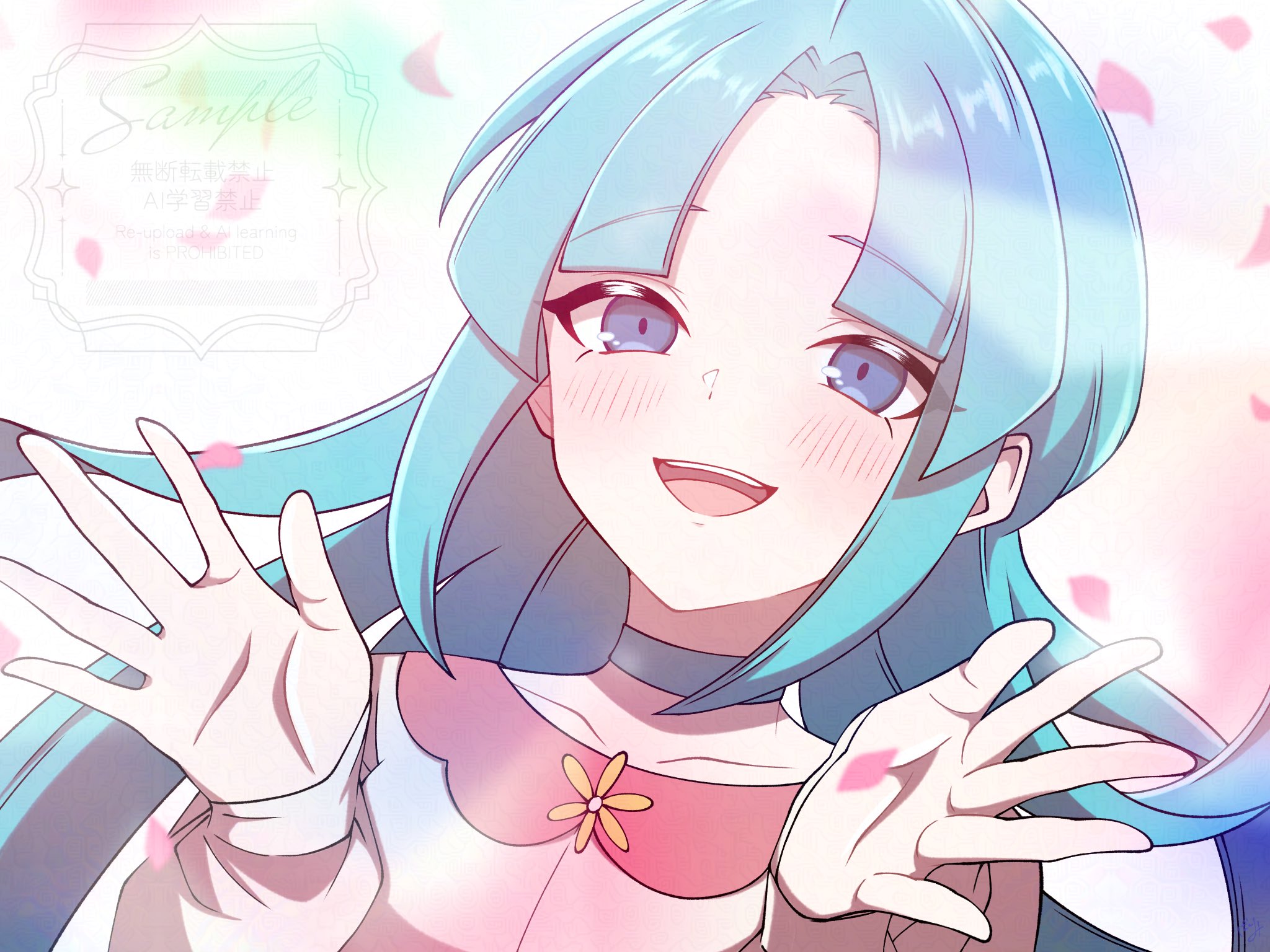 fran (inazuma eleven), inazuma eleven (series), inazuma eleven go, inazuma eleven go vs danball senki w, commentary, highres, 1girl, blue eyes, blue hair, blush, curtained hair, long hair, oirabakumi4649, parted bangs, petals, shirt, smile, solo, watermark, white background, white shirt