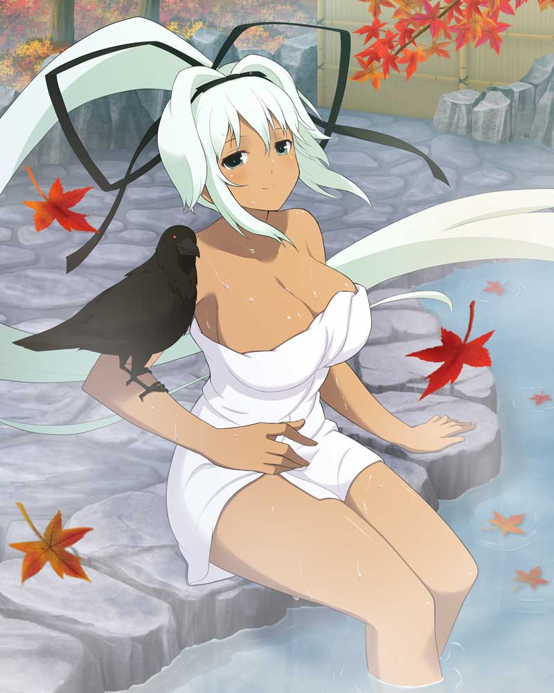 yuyaki (senran kagura), senran kagura, senran kagura new wave, non-web source, official art, 1girl, animal, animal on arm, autumn leaves, bamboo fence, bare shoulders, bird, bird on arm, bird wings, black bird, black bow, black eyes, black feathers, black ribbon, black wings, blush, bow, breasts, bush, cleavage, collarbone, crow, dark-skinned female, dark skin, falling leaves, feathers, fence, hair bow, hair intakes, hair ribbon, high ponytail, large breasts, leaf, long hair, looking at viewer, naked towel, notes, onsen, outdoors, ponytail, red eyes, ribbon, ripples, rock, shiny skin, sidelocks, sitting, smile, soaking feet, solo, steam, towel, tree, very long hair, water, wet, white hair, wings