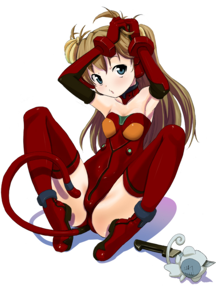 futari no ana, wadapen, angel (evangelion), lilith (evangelion), souryuu asuka langley, neon genesis evangelion, rebuild of evangelion, 00s, 1girl, :o, adapted costume, adjusting hair, animal ears, armpits, arms up, bare shoulders, blush, boots, bracer, breasts, brown hair, chestnut mouth, collar, detached collar, elbow gloves, fake animal ears, fake tail, female focus, food-themed hair ornament, full body, gloves, grey hair, grimrock! mix edition, hair ornament, kemonomimi mode, knees up, knife, legs, leotard, long hair, looking at viewer, mecha pilot suit, monkey ears, monkey tail, open mouth, plugsuit (evangelion), red boots, red gloves, red leotard, red thighhighs, shadow, simple background, sitting, small breasts, solo, spread legs, stab, strapless, strapless leotard, super plugsuit (evangelion), tail, thigh boots, thighhighs, twintails, two side up, tying hair, weapon, white background