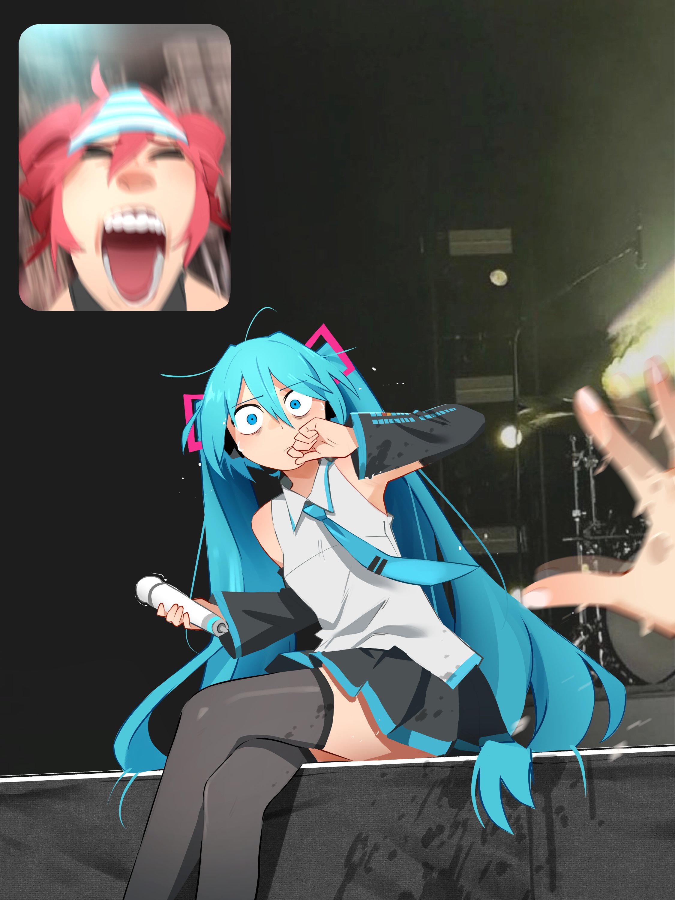 khyle., hatsune miku, kasane teto, kasane teto (utau), utau, vocaloid, absurdres, commentary, english commentary, highres, photo-referenced, 2girls, aqua hair, aqua necktie, black boots, black skirt, boots, closed eyes, crossed legs, drill hair, drum, drum set, fan screaming at madison beer (meme), hitachi magic wand, instrument, looking at viewer, meme, multiple girls, necktie, pov, pov hands, red hair, sex toy, sexually suggestive, shirt, sitting, skirt, sleeveless, sleeveless shirt, stage, thigh boots, twin drills, twintails, vibrator, wet, white shirt, wide-eyed