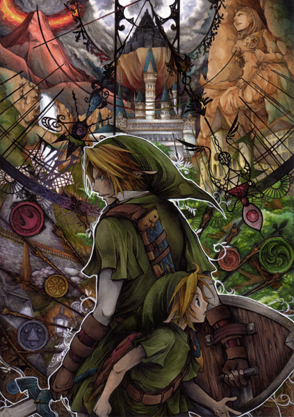 midorihana yasaiko, link, young link, nintendo, the legend of zelda, the legend of zelda: ocarina of time, 2boys, aged down, blonde hair, blue eyes, castle, deku shield, dual persona, gloves, hat, holding, holding sword, holding weapon, male focus, master sword, multiple boys, scabbard, sheath, shield, shield on back, sword, weapon, wooden shield