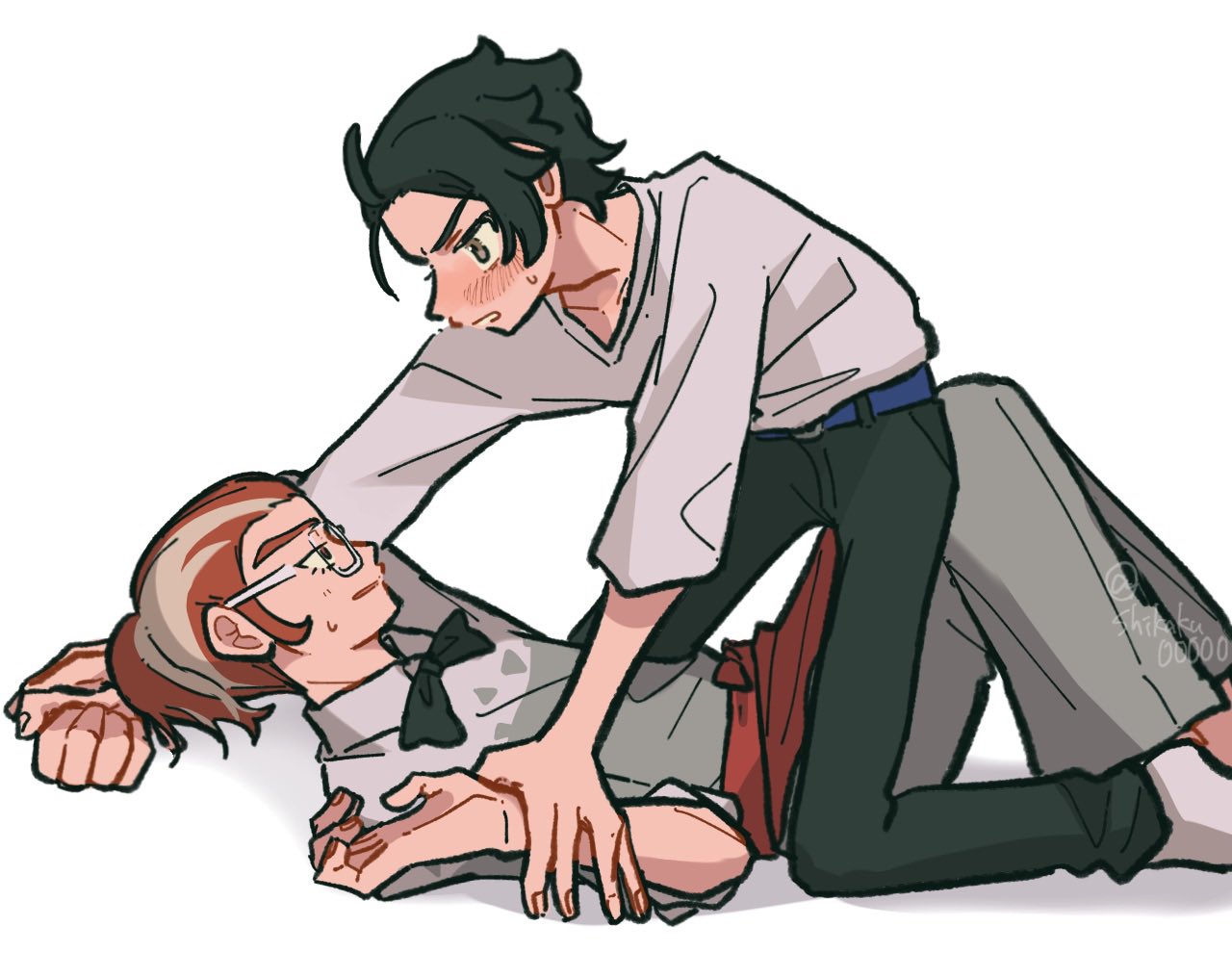 grisham (pokemon), paxton (pokemon), nintendo, pokemon, pokemon legends: z-a, 2boys, apron, black bow, black bowtie, black hair, black pants, blonde hair, bow, bowtie, boy on top, eye contact, feet out of frame, full body, glasses, grey eyes, grey pants, grey shirt, hair pulled back, holding another's wrists, light blush, looking at another, male focus, multicolored hair, multiple boys, orange apron, orange hair, pants, parted lips, pinned, shikaku00000, shirt, small sweatdrop, striped blush, twitter username, two-tone hair, waist apron, white shirt, yaoi