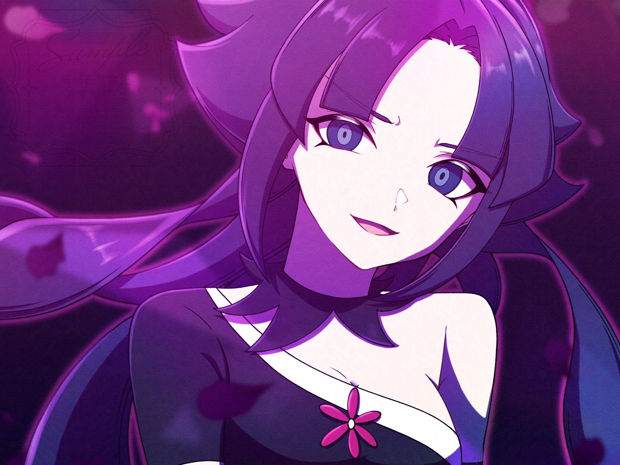 fran (inazuma eleven), inazuma eleven (series), inazuma eleven go, inazuma eleven go vs danball senki w, commentary, commentary request, highres, photoshop (medium), 1girl, black dress, curtained hair, dark persona, dress, long hair, off-shoulder dress, off shoulder, oirabakumi4649, open mouth, purple background, purple eyes, purple hair, smile, solo, watermark