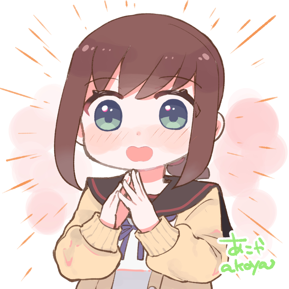 akoya (anoko konoko), fubuki (kancolle), fubuki kai ni (kancolle), kantai collection, 1girl, artist name, black hair, black sailor collar, blue eyes, blue neckerchief, breasts, brown cardigan, cardigan, low ponytail, medium breasts, neckerchief, ponytail, sailor collar, sidelocks, solo, steepled fingers, twitter username, upper body