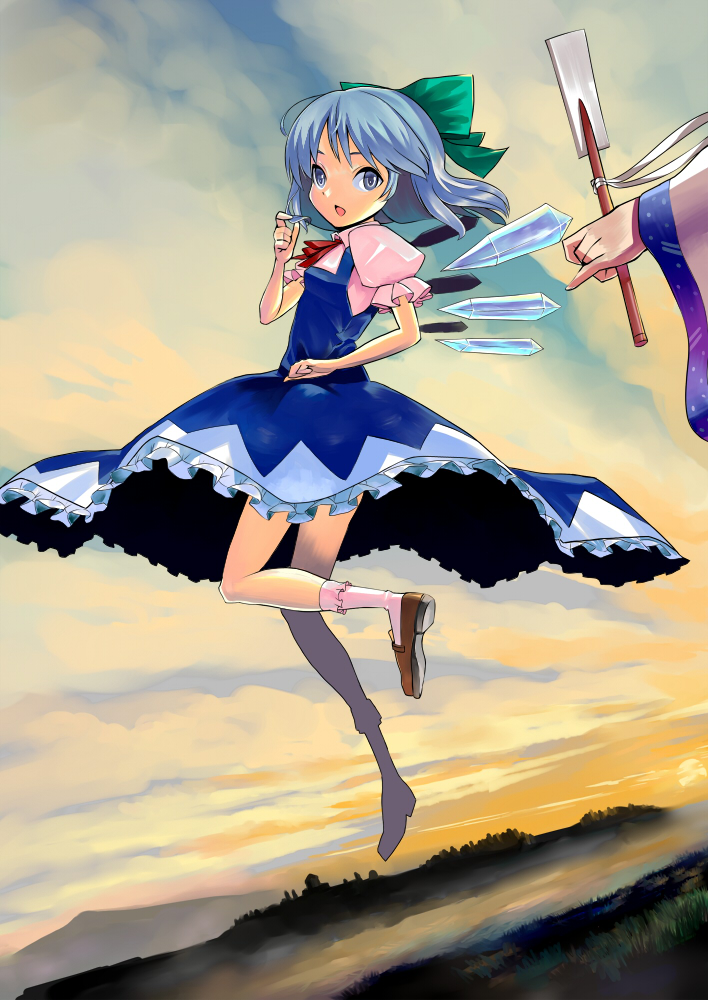 yaten, cirno, kochiya sanae, touhou, 1girl, blue eyes, blue hair, gohei, oonusa, short hair, solo focus, wings