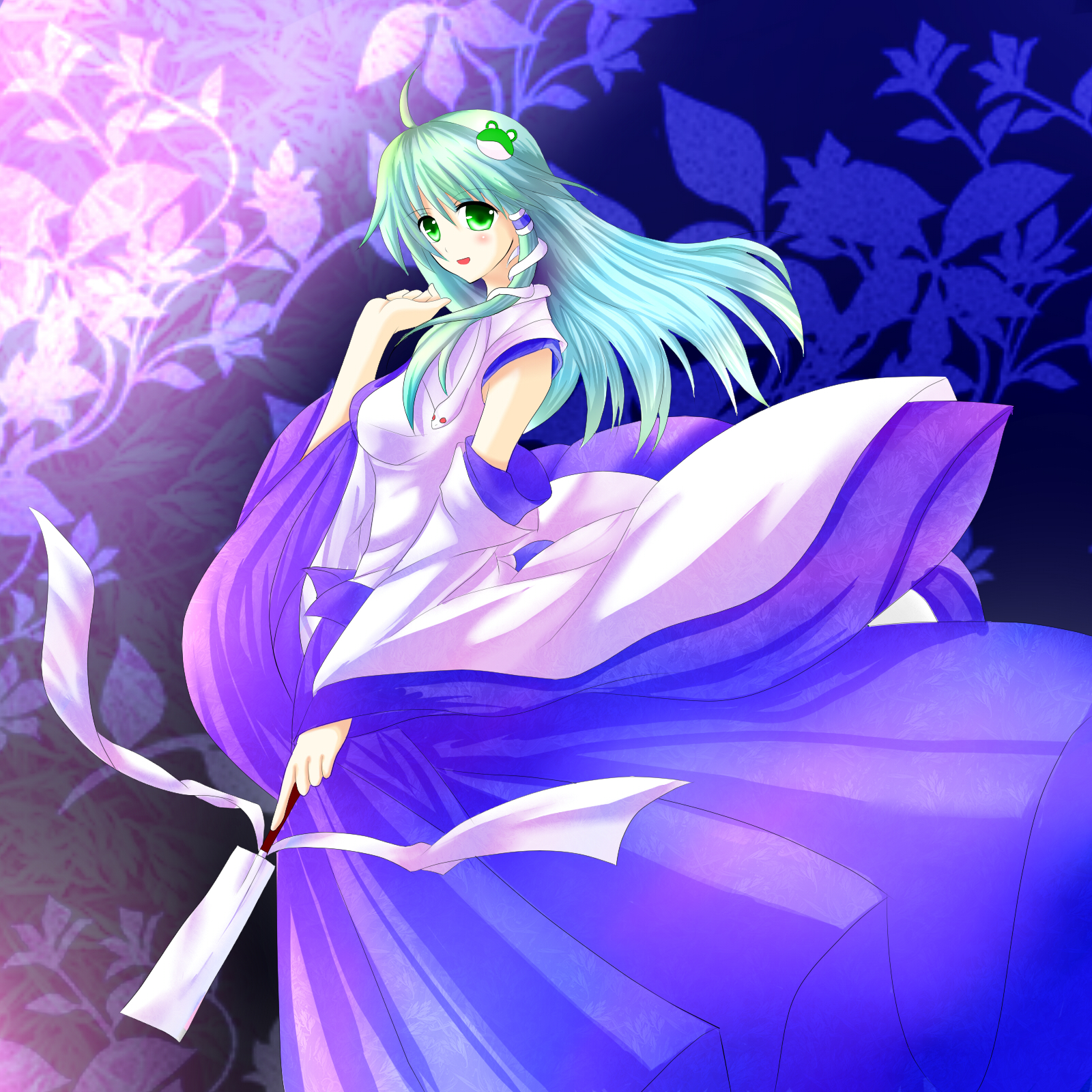 alto (artist), kochiya sanae, touhou, bad id, bad pixiv id, highres, 1girl, breasts, detached sleeves, female focus, frog, gradient background, green eyes, green hair, hair ornament, japanese clothes, matching hair/eyes, miko, plant, skirt, snake, solo