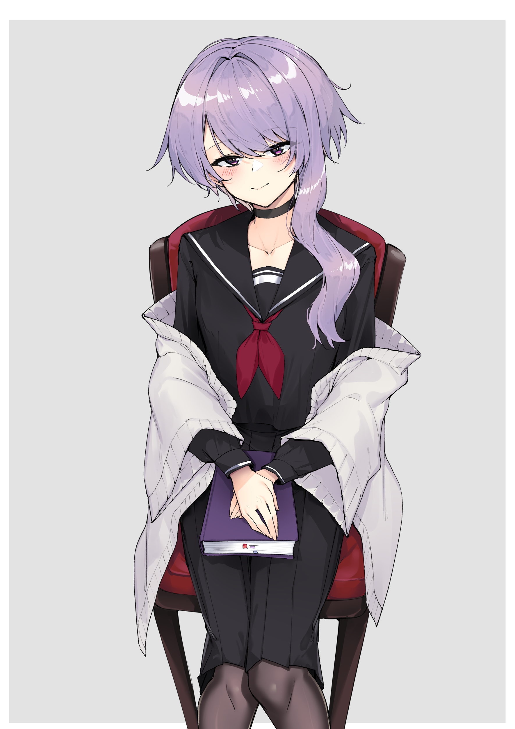 zooanime, yuzuki yukari, yuzuki yukari (rei), cevio, voiceroid, absurdres, highres, 1girl, alternate costume, black pantyhose, black serafuku, blush, book, cardigan, chair, choker, collarbone, feet out of frame, grey background, holding, holding book, knees together feet apart, neckerchief, open cardigan, open clothes, own hands together, pantyhose, pleated skirt, purple eyes, purple hair, red neckerchief, school uniform, serafuku, sitting, skirt, smile, solo