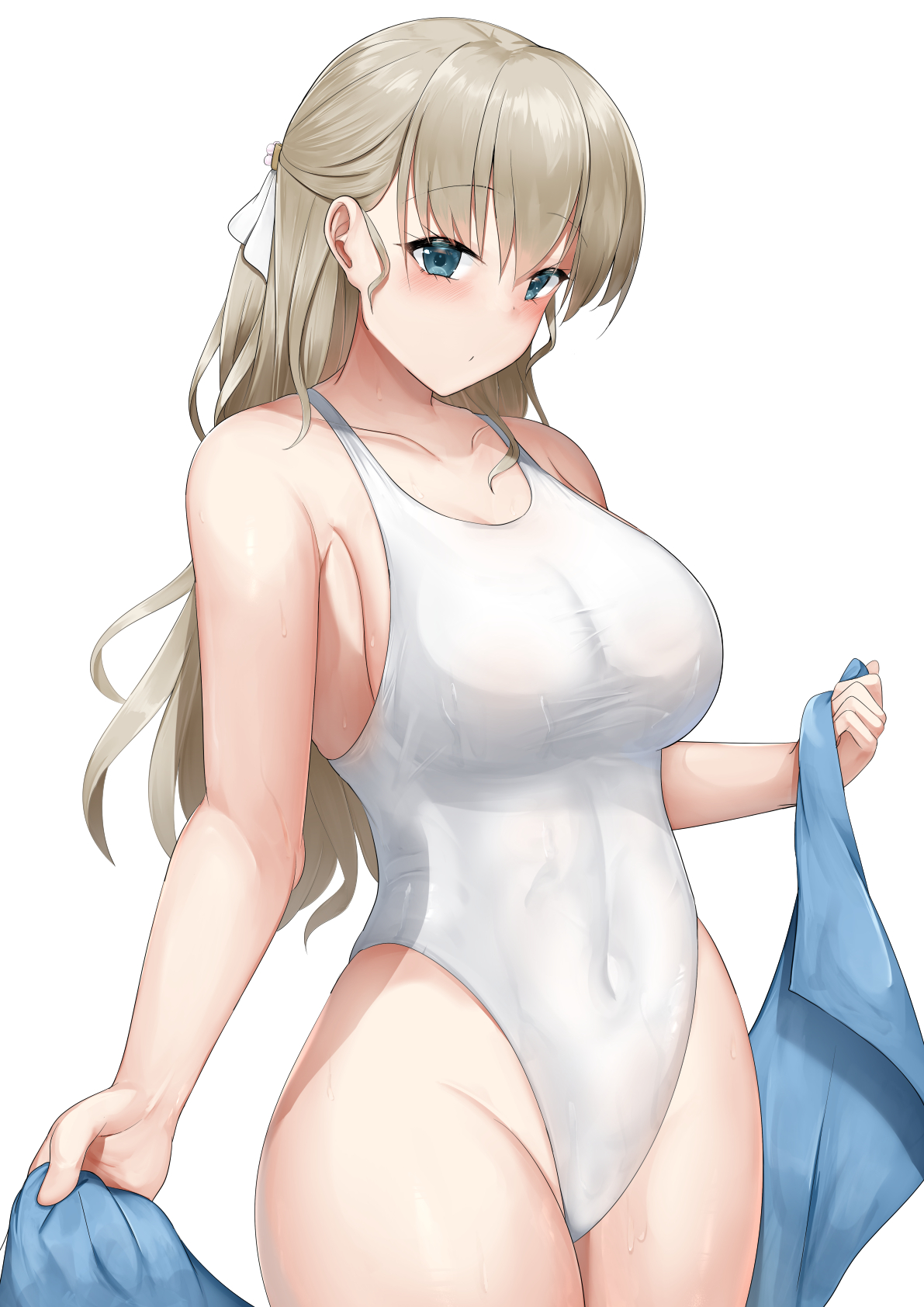 nori aji, original, highres, 1girl, blonde hair, blue eyes, breasts, competition swimsuit, covered navel, cowboy shot, half updo, highleg, highleg one-piece swimsuit, holding, holding towel, large breasts, long hair, one-piece swimsuit, simple background, solo, standing, swimsuit, towel, white background, white one-piece swimsuit