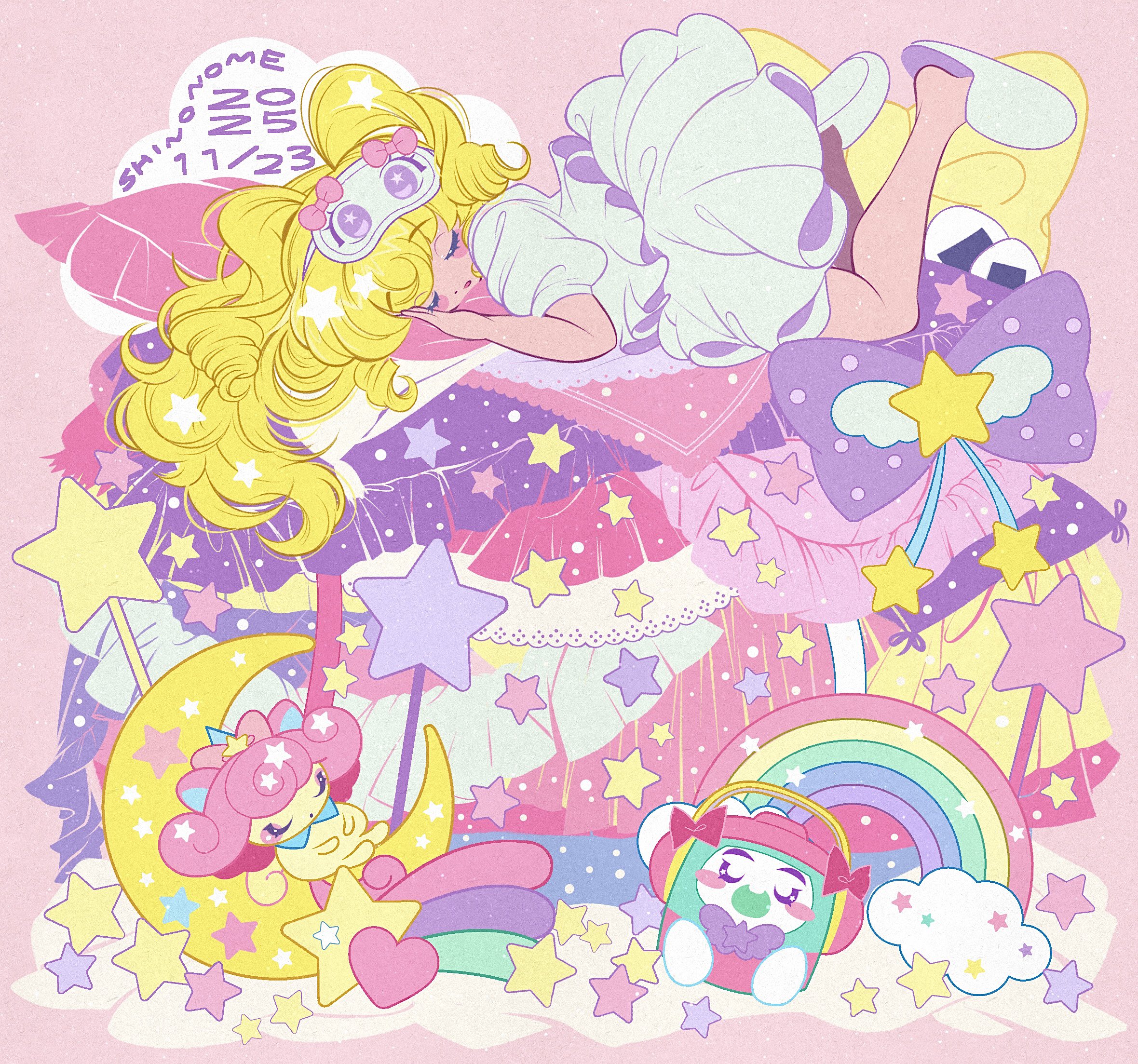 shino bunnys, yumekawa yui, idol time pripara, pretty series, pripara, commentary request, highres, 1girl, artist name, bed, blonde hair, bow, closed eyes, cloud, crescent, dress, feet up, full body, long hair, lying, on bed, on stomach, pillow, punicorn, purple bow, rainbow, rice cooker, ringlets, sleep mask, sleeping, slippers, solo, star (symbol), takki (pripara), two side up, unicorn, white dress