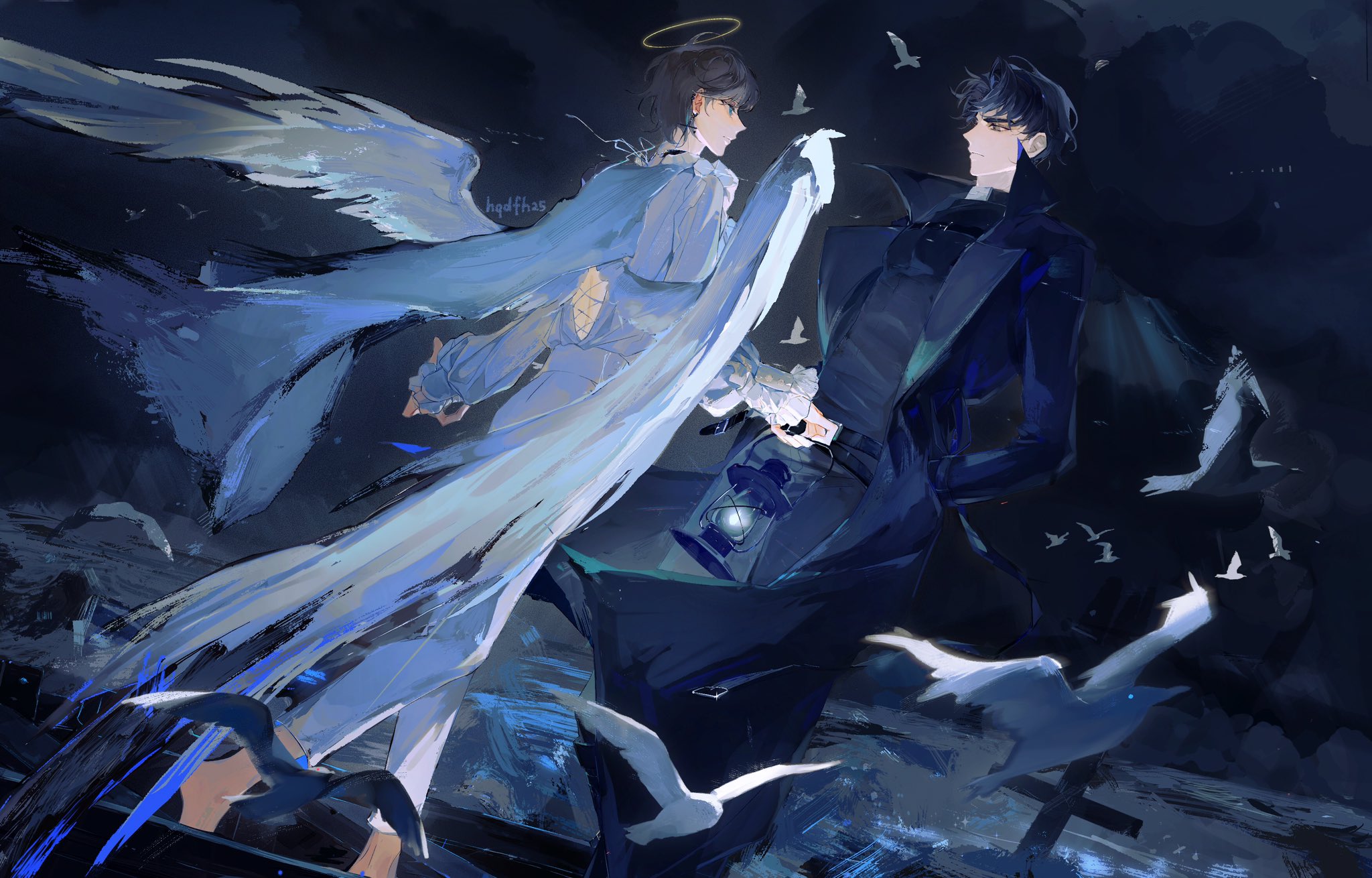 kim dokja, yoo joonghyuk, omniscient reader's viewpoint, highres, 2boys, angel, arms behind back, barefoot, bird, black coat, black hair, cloud, cloudy sky, coat, dark, dove, dutch angle, falling feathers, feathered wings, feathers, full body, halo, holding, holding lantern, lantern, looking at another, male focus, multiple boys, narrowed eyes, night, serious, short hair, sky, tombstone, twle, white coat, white wings, wind, wind lift, wings