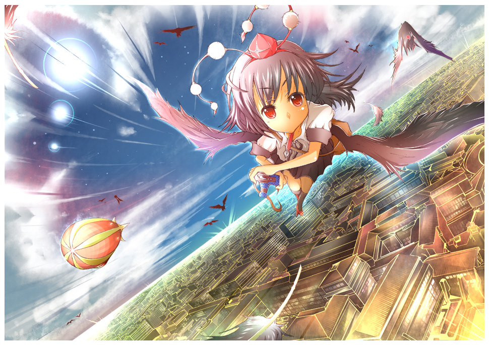 kurage jin, umitukibito, shameimaru aya, touhou, looking away, bad id, bad pixiv id, 1girl, aircraft, bird, camera, crow, dirigible, expressionless, feathers, female focus, geta, hat, red hat, scenery, sky, solo, tengu-geta, tokin hat, wings