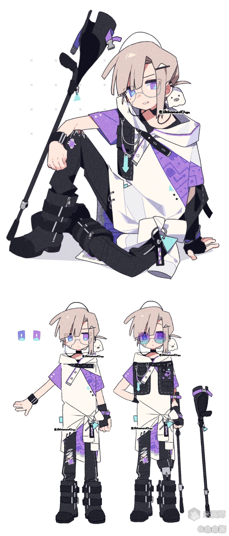 meimei (wakamoid), original, highres, 1girl, black boots, black pants, blunt bangs, boots, brown hair, closed mouth, full body, glasses, hood, hood down, hoodie, looking at viewer, mihuashi username, multiple views, pants, parted bangs, parted lips, purple eyes, purple hoodie, short hair, short sleeves, simple background, sitting, standing, straight-on, two-tone hoodie, white background