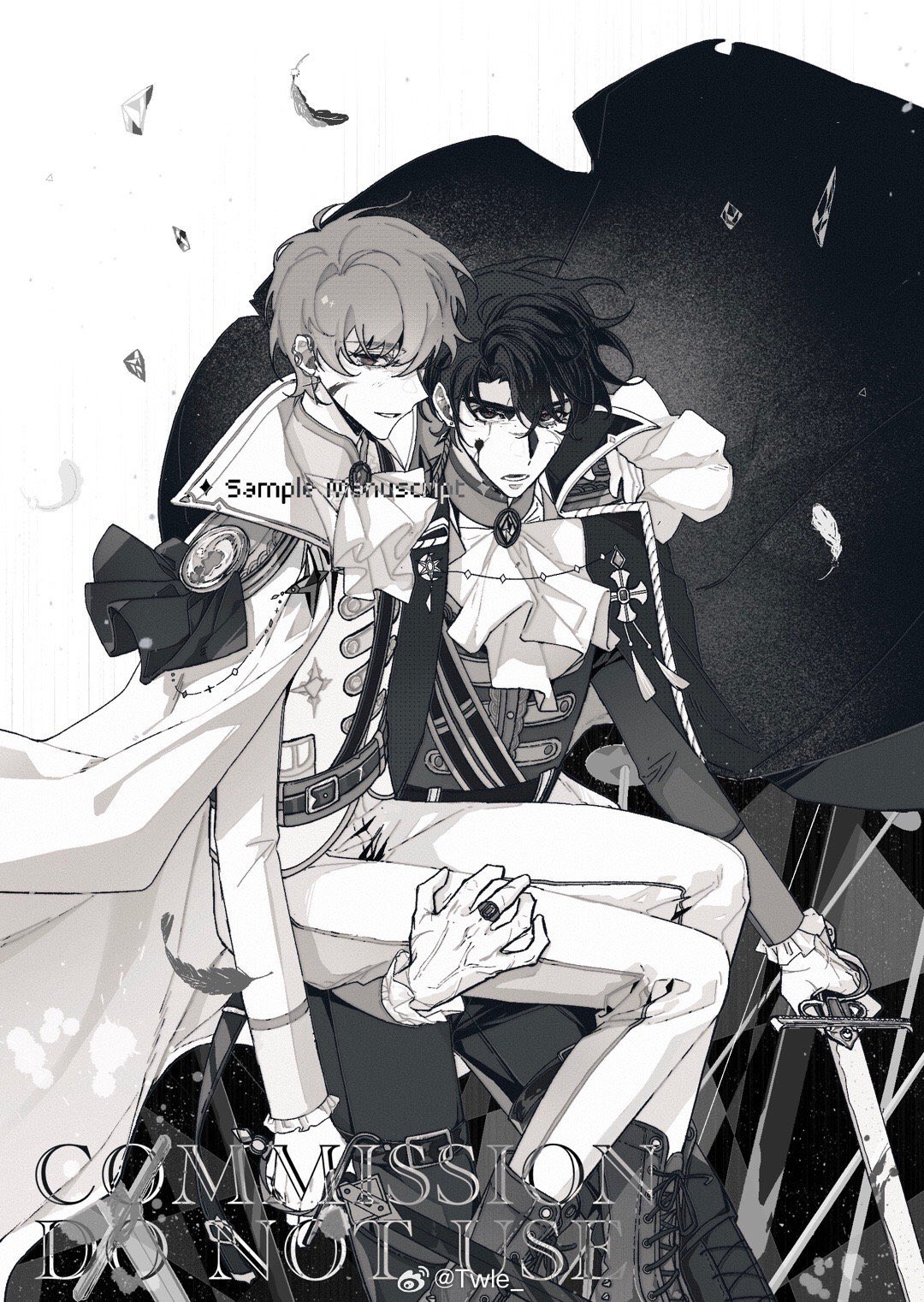 kim dokja, yoo joonghyuk, omniscient reader's viewpoint, highres, 2boys, alternate costume, belt, blood, blood on face, blood splatter, brooch, cape, carrying, carrying person, coat, epaulettes, falling feathers, feathers, frills, glass shards, hand on another's shoulder, holding, holding sword, holding weapon, jacket, jacket on shoulders, jewelry, looking at viewer, male focus, multiple boys, multiple scars, official alternate costume, open clothes, open coat, open mouth, popped collar, ricardo von kaizenix, scar, scar on hand, schweichen von kaizenix, serious, sword, twle, weapon