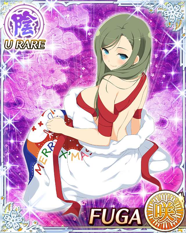 fuga (senran kagura), senran kagura, senran kagura new wave, game cg, official art, 1girl, blue eyes, border, breasts, card (medium), character name, christmas, christmas stocking, closed mouth, english text, from behind, green hair, large breasts, long hair, looking at viewer, looking back, mole, mole under eye, naked ribbon, nude, official alternate costume, ribbon, sideboob, smile, solo, swept bangs, wrapped up