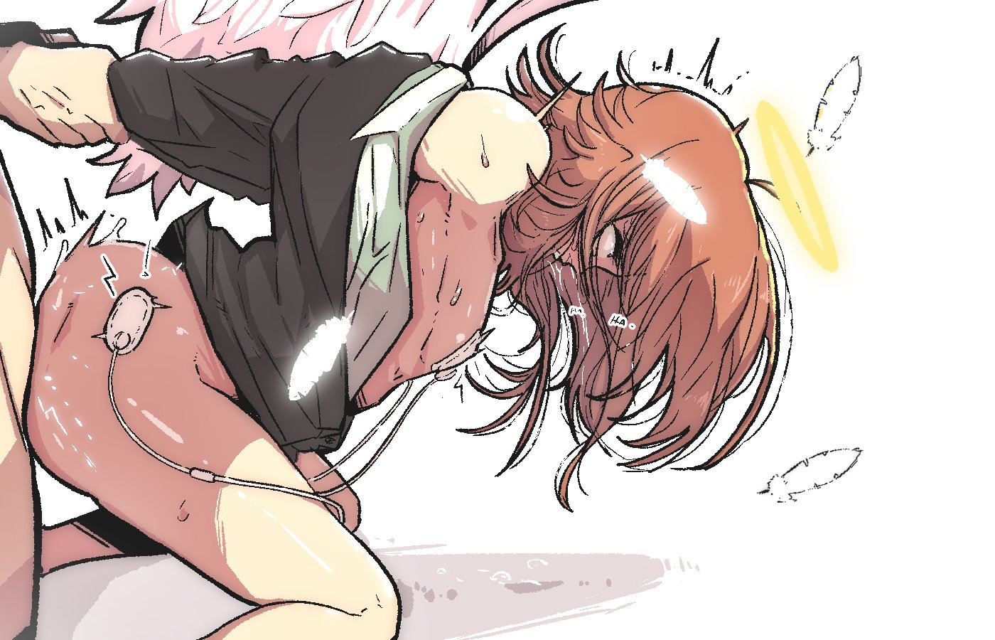 mark gavatino, angel devil (chainsaw man), chainsaw man, commission, tagme, 2boys, anal, feathers, halo, multiple boys, sex, sex from behind, sex toy, solo focus, sweat, trap, wings, wire, yaoi