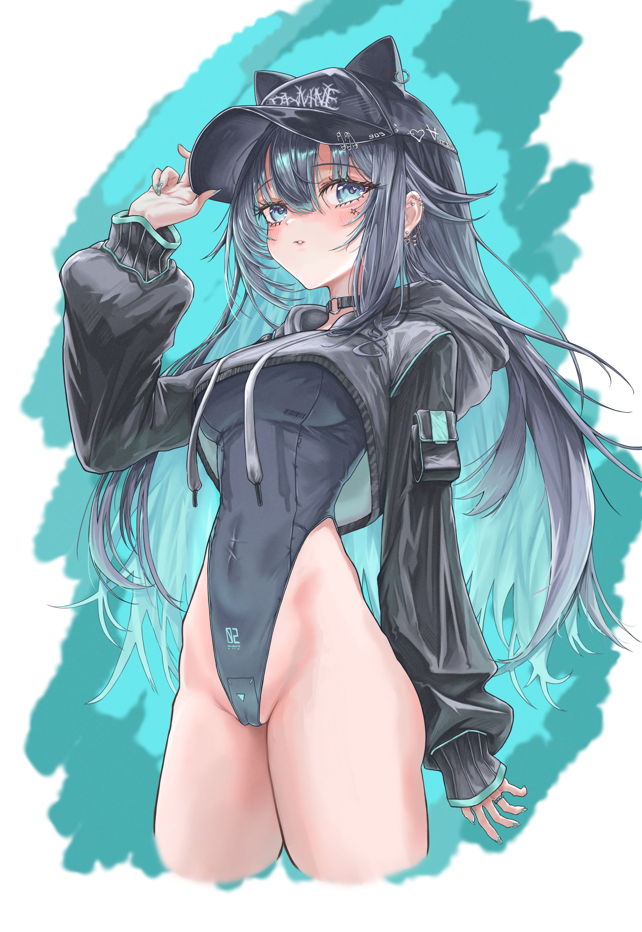 original, absurdres, highres, 1girl, animal hat, aqua eyes, black hair, black hat, black jacket, cat hat, covered navel, cropped jacket, ghost199033, grey leotard, hat, highleg, highleg leotard, jacket, leotard, long hair, long sleeves, solo, super highleg