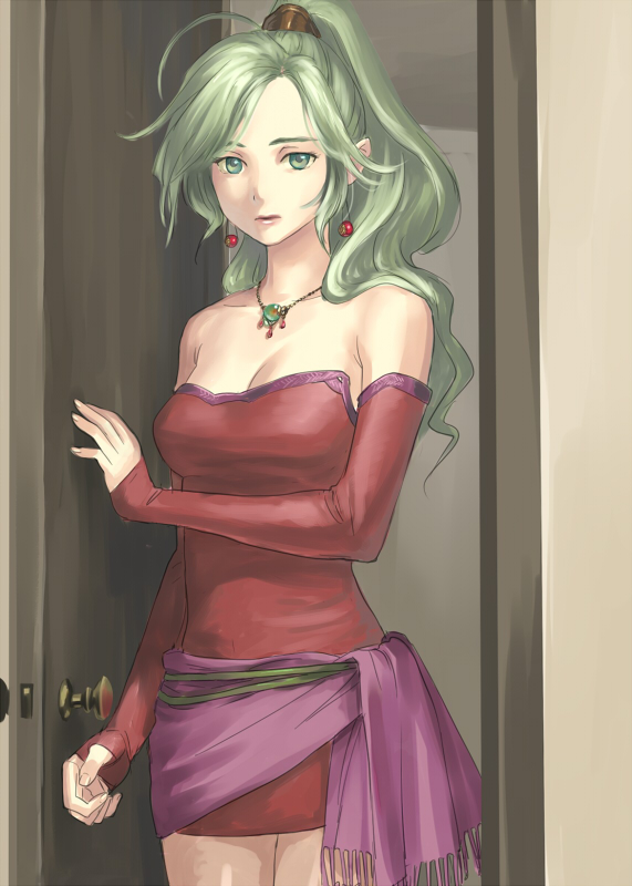 yuccoshi, tina branford, final fantasy, final fantasy vi, 1990s (style), 1girl, bare shoulders, breasts, bridal gauntlets, cleavage, detached sleeves, dress, female focus, green eyes, green hair, jewelry, large breasts, matching hair/eyes, necklace, pantyhose, ponytail, retro artstyle, solo, strapless, strapless dress