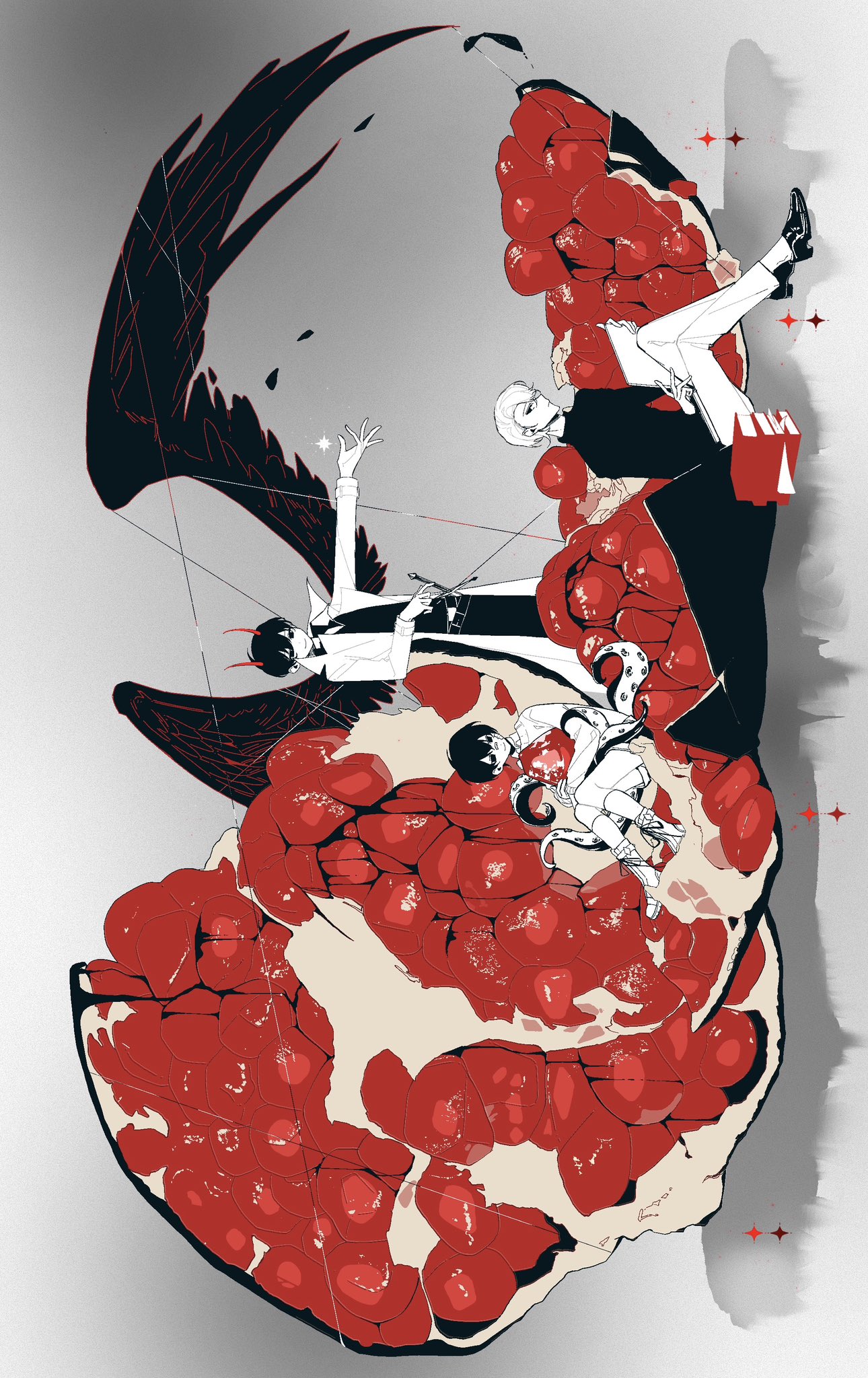 kim dokja, oldest dream, omniscient reader's viewpoint, highres, 3boys, bandaid, bandaid on face, black eyes, black hair, black shirt, black wings, coat, crossed legs, demon horns, dual persona, feathered wings, food, fruit, full body, holding, holding sword, holding weapon, horns, hugging object, lee hakhyun, looking at viewer, male focus, multiple boys, open clothes, open coat, outstretched arm, outstretched arms, oversized food, oversized object, pomegranate, popped collar, puppet strings, scabbard, sheath, shirt, short hair, sitting, smile, string, sword, tentacles, twle, weapon, white coat, wings