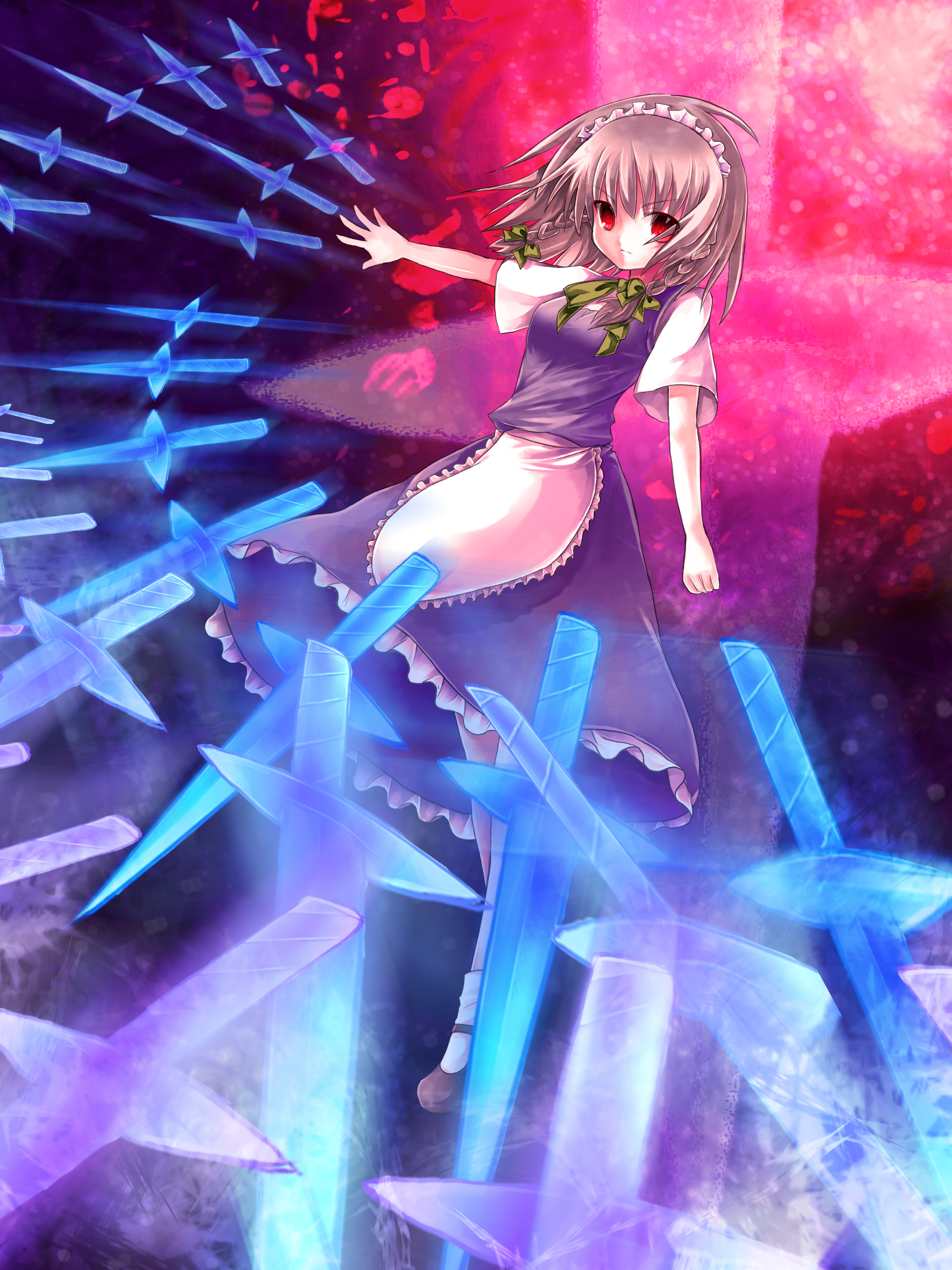 kazi, izayoi sakuya, embodiment of scarlet devil, touhou, silver hair, absurdres, artist request, bad id, bad pixiv id, highres, 1girl, apron, bow, bowtie, braid, danmaku, dress, female focus, headdress, knife, maid, maid apron, red eyes, ribbon, short hair, solo, twin braids, upskirt